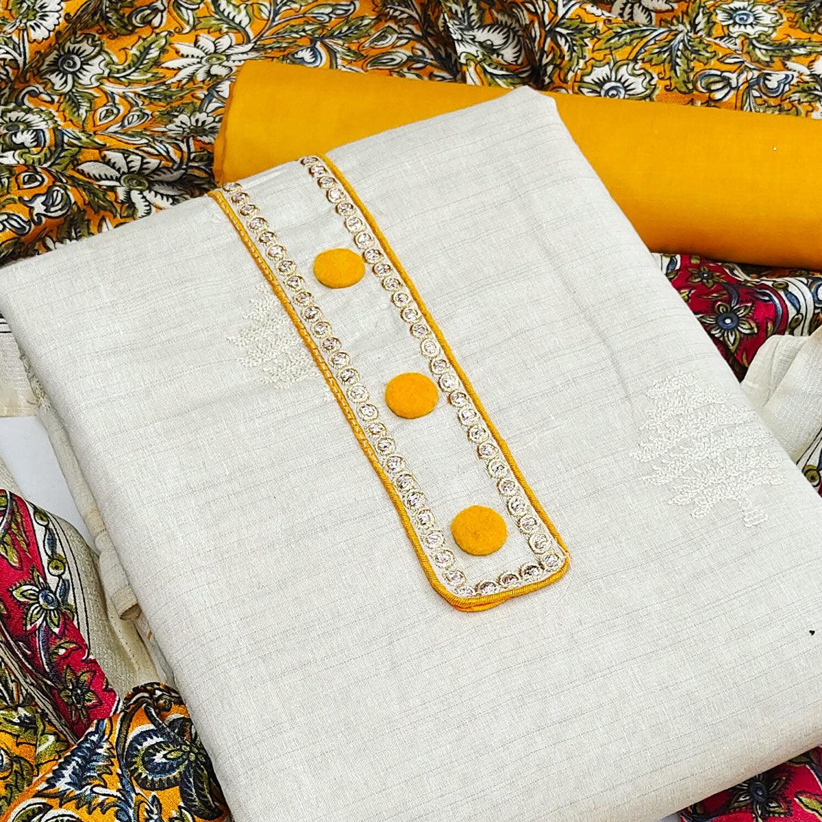 BlackTree graceful-off-white-yellow-colored-partywear-embroidered-cotton-dress-material-41498 - view 2
