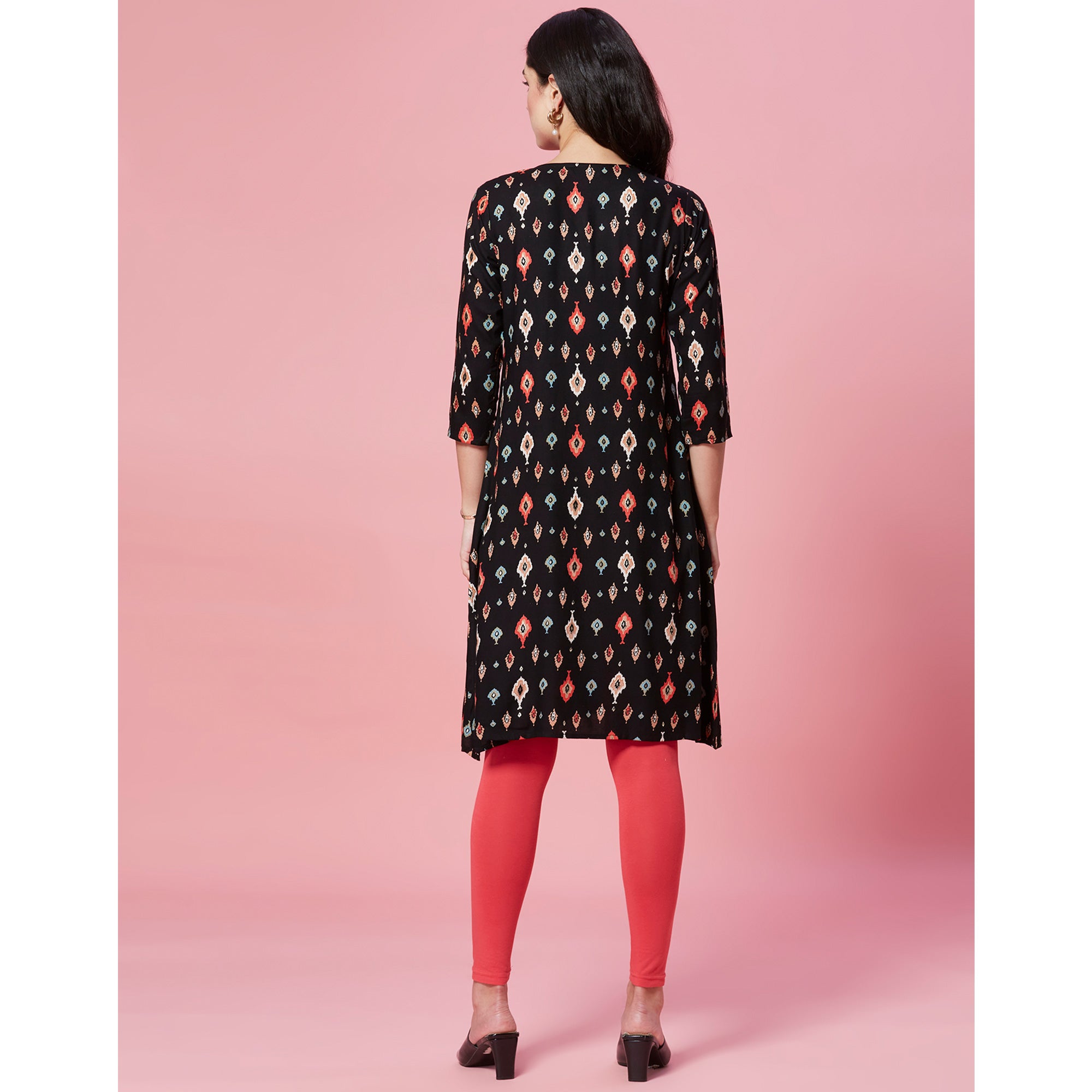 Peachmode Black Ikkat Printed Rayon Straight Kurti - view 7