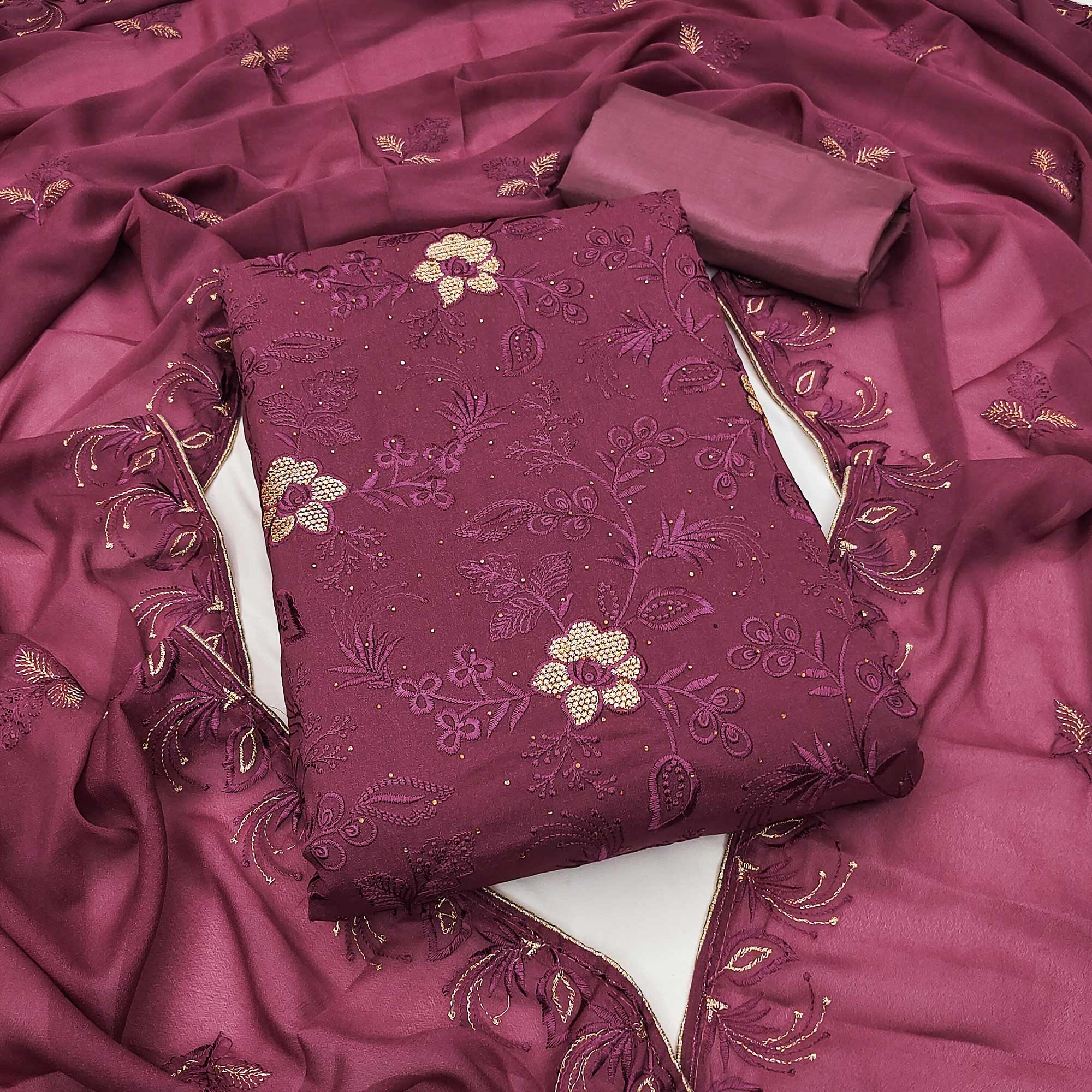 Peachmode Dark Mauve Floral Embroidered With Stonework Georgette Dress Material