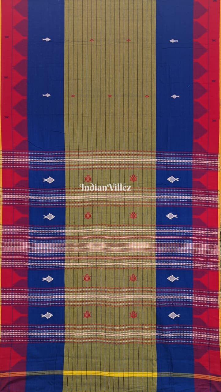 IndianVillèz Kotpad Natural Dye Odisha Handloom Saree (Moss Green and Blue with Red Border)