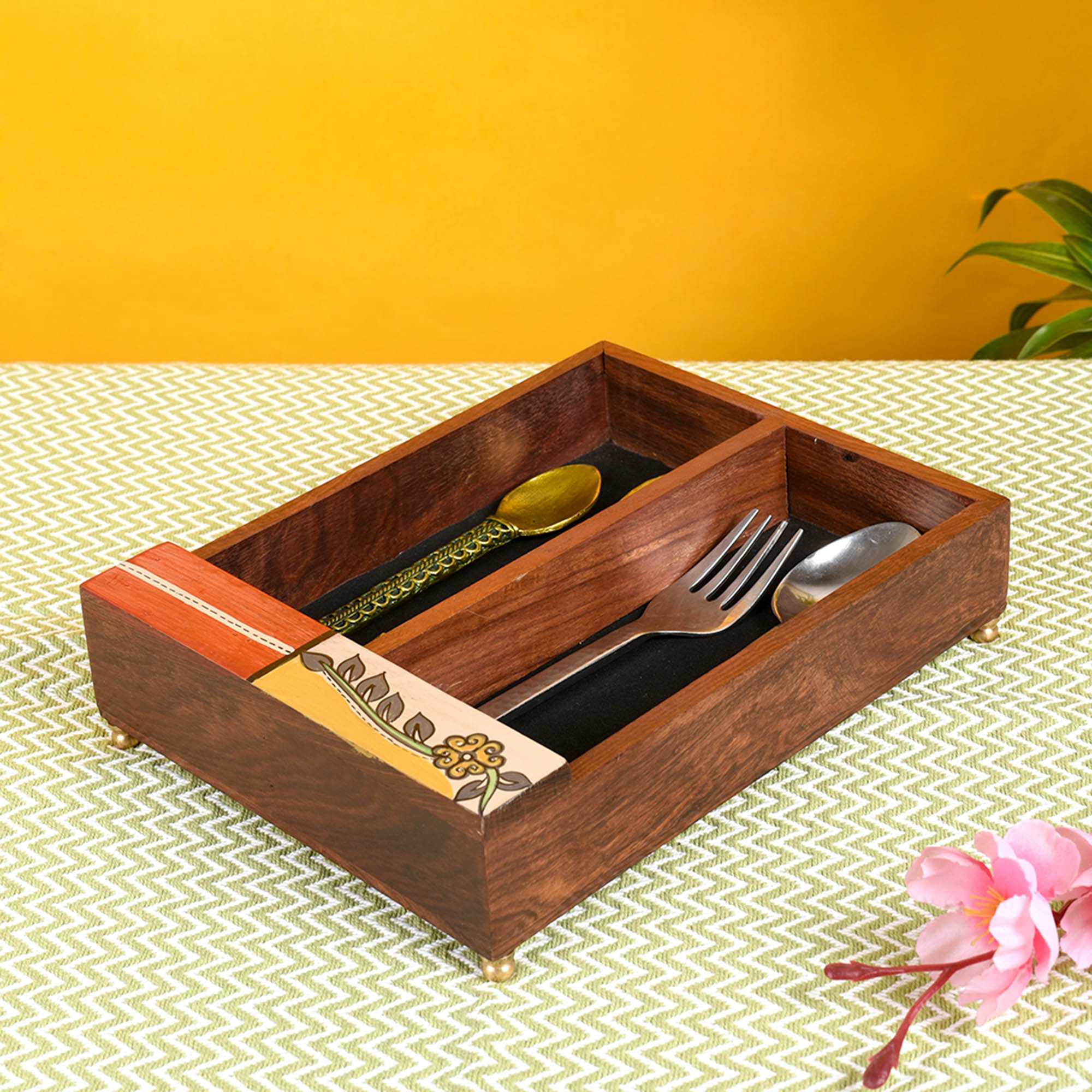 ART CREATIONS BY SUMAN SONTHALIA Brown - Cutlery Holder Handcrafted in Wood with Flower Motif (9x7x2.2") - view 2