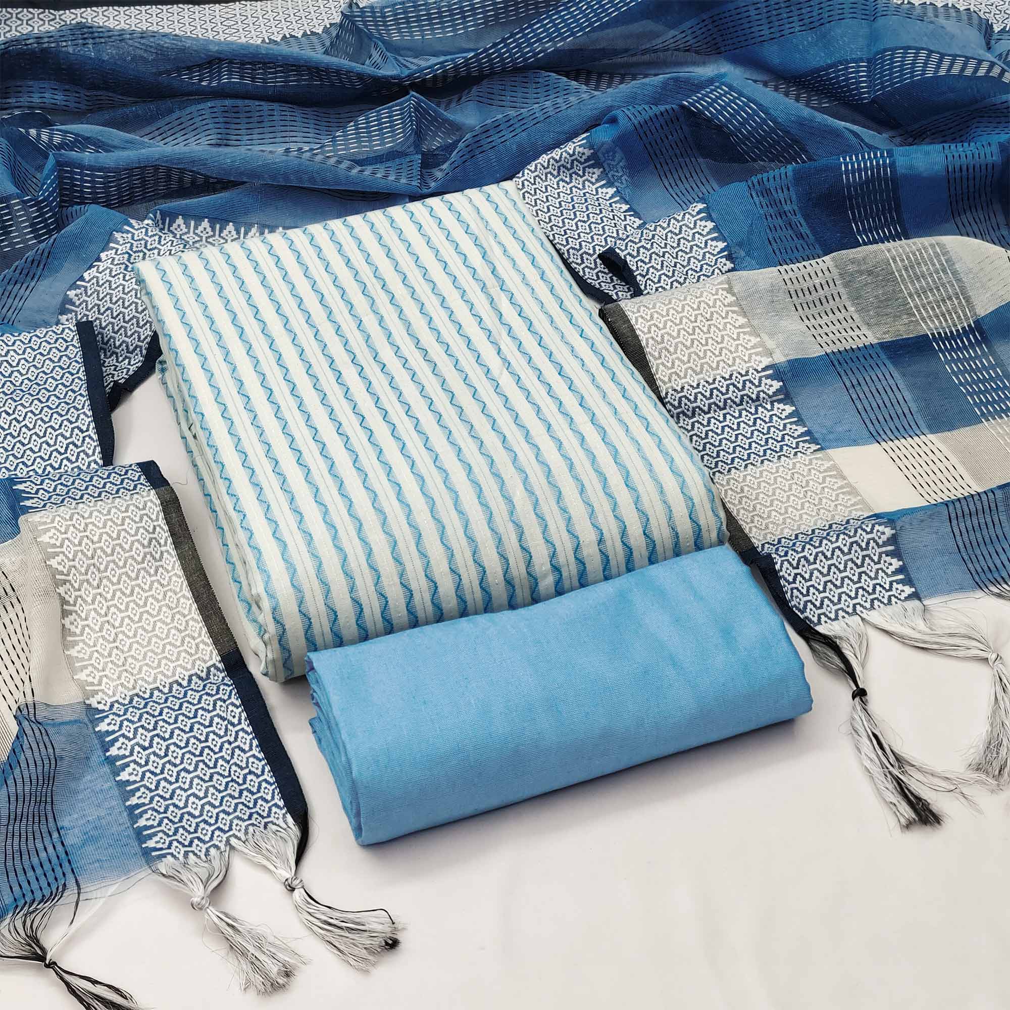 Peachmode Firozi Striped Printed With Woven Cotton Blend Dress Material