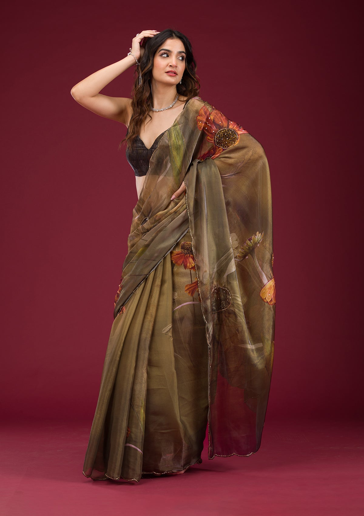 Koskii Mehendi Printed Tissue Saree – Women's