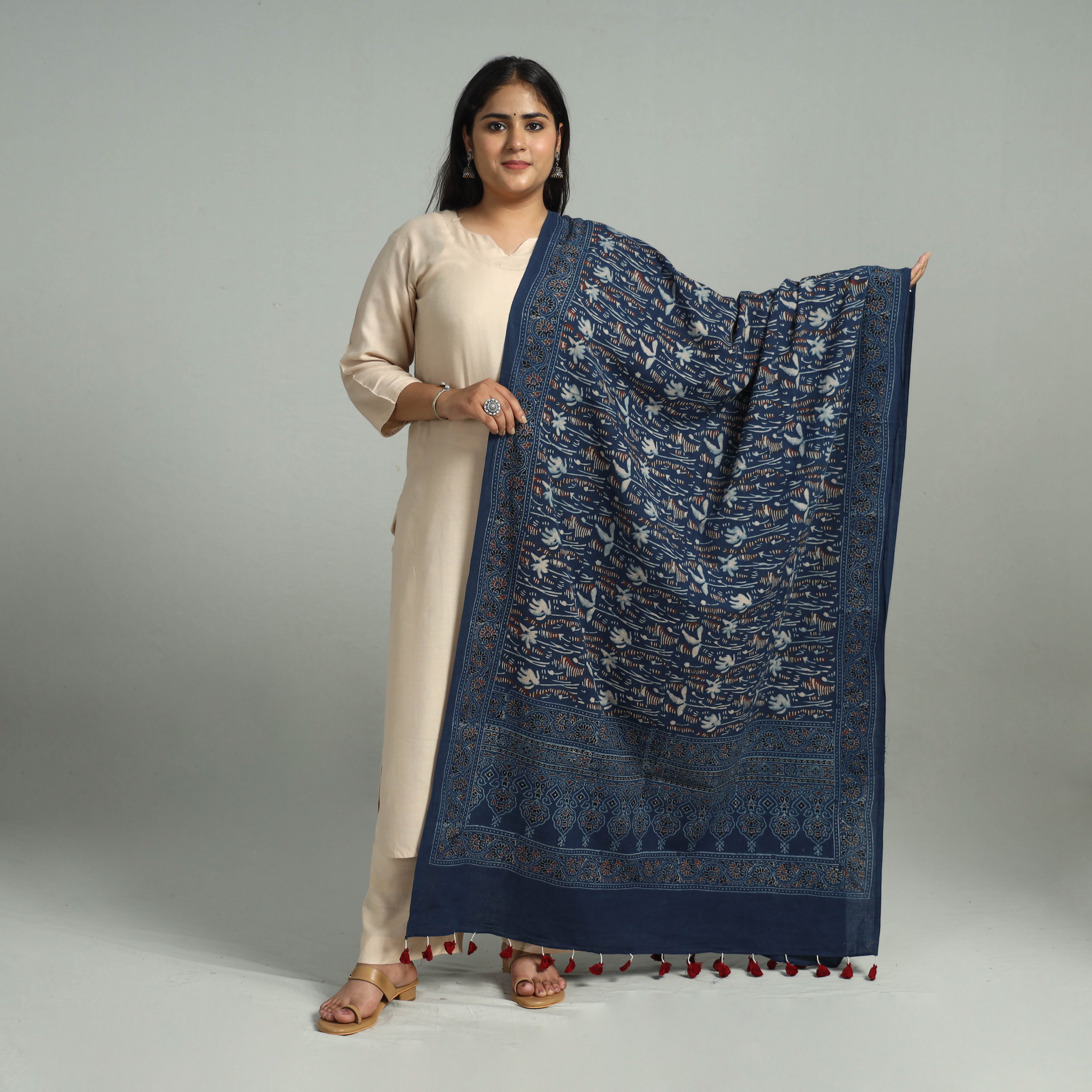 AJRAKH BY JABBAR KHATRI Blue - Block Printed Cotton Ajrakh Dupatta 03