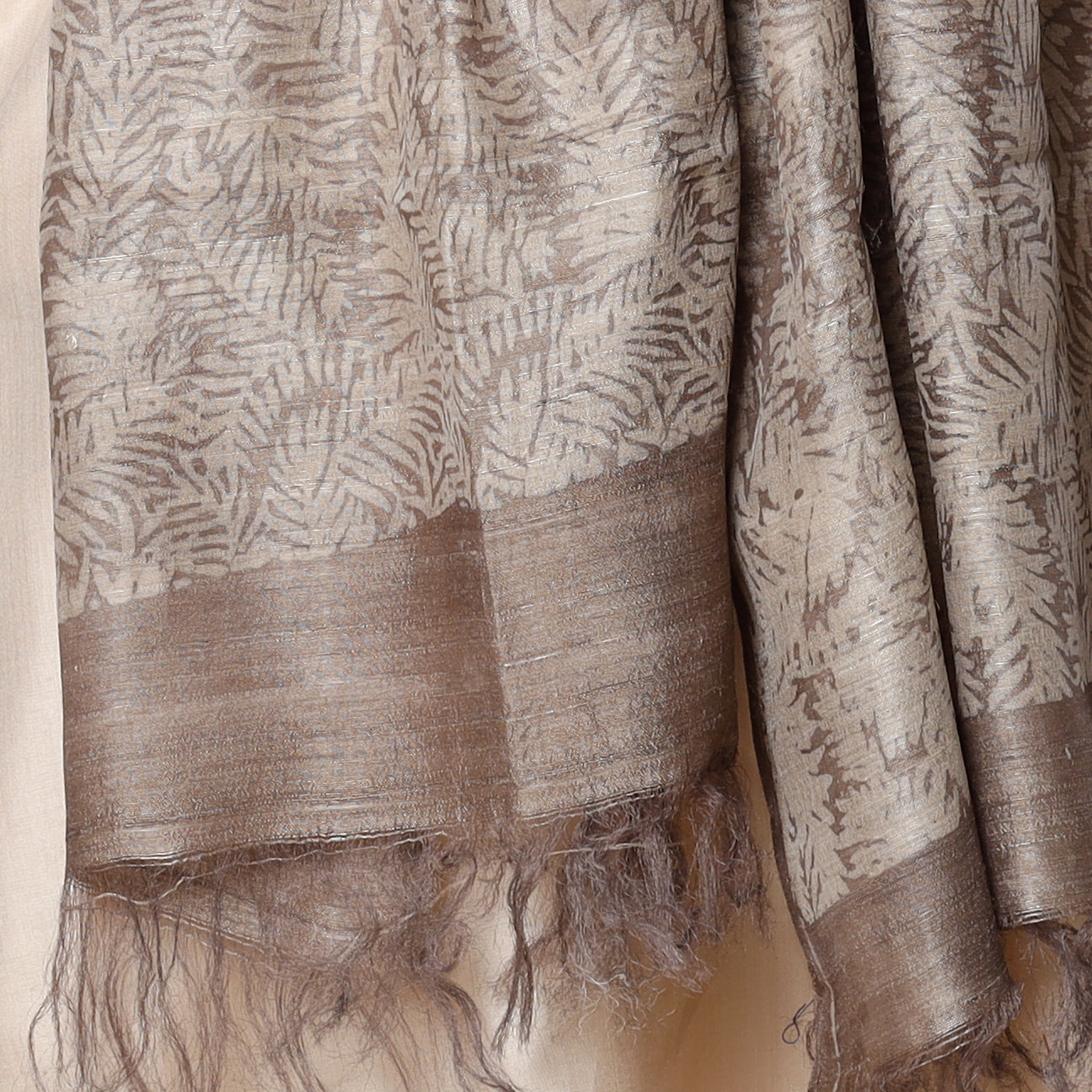 BINDAAS UNLIMITED Beige - Handloom Block Art Print Tussar Silk Bindaas Stole - view 3