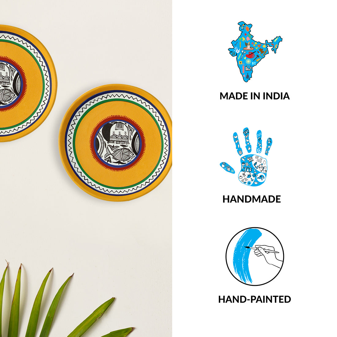 EXCLUSIVELANE 'The Madhubani Tales' Hand Painted Terracotta Wall Plates Wall Décor (8 inch, Set of 2, Yellow) - view 5