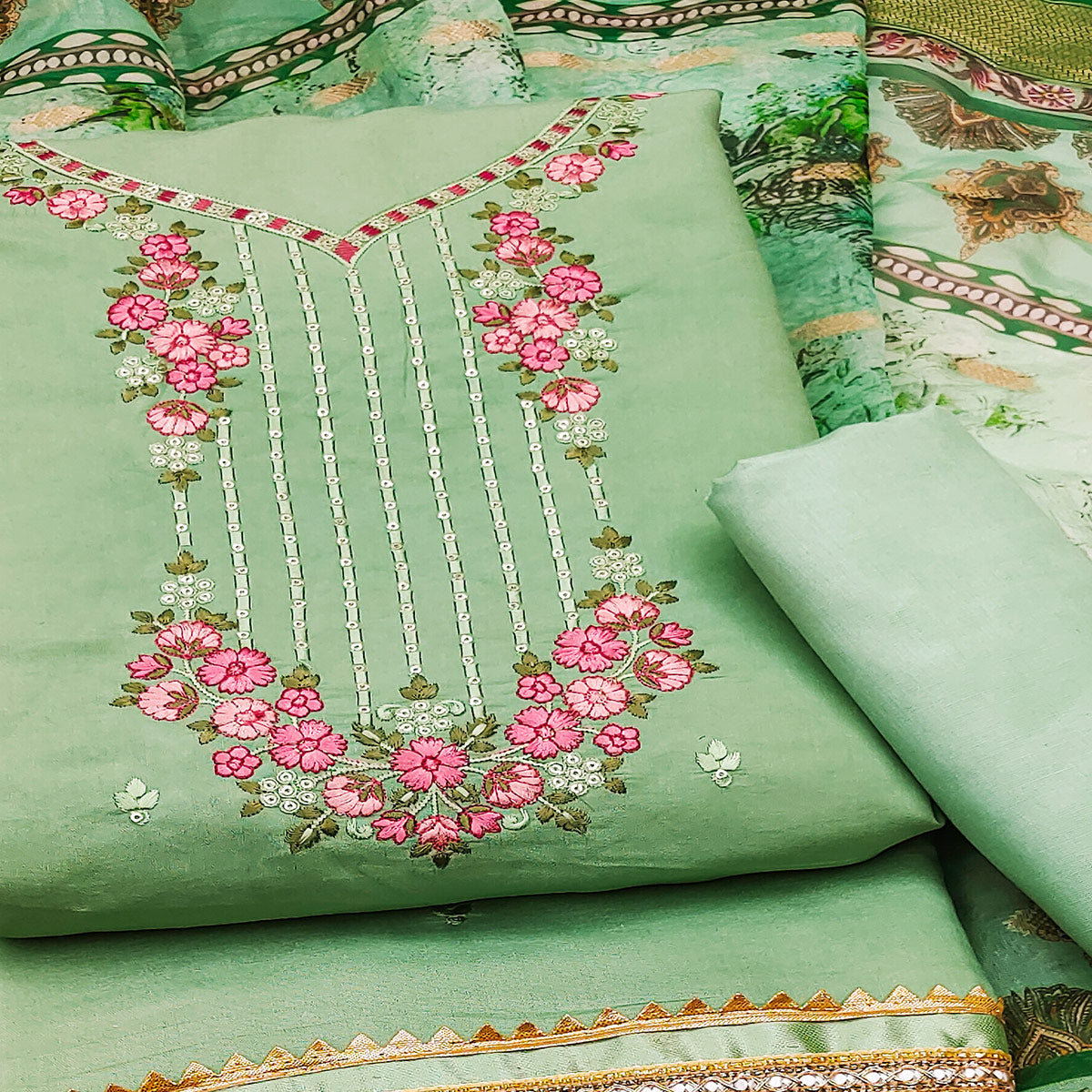 BlackTree green-floral-sequins-embroidered-chanderi-silk-dress-material-1 - view 2