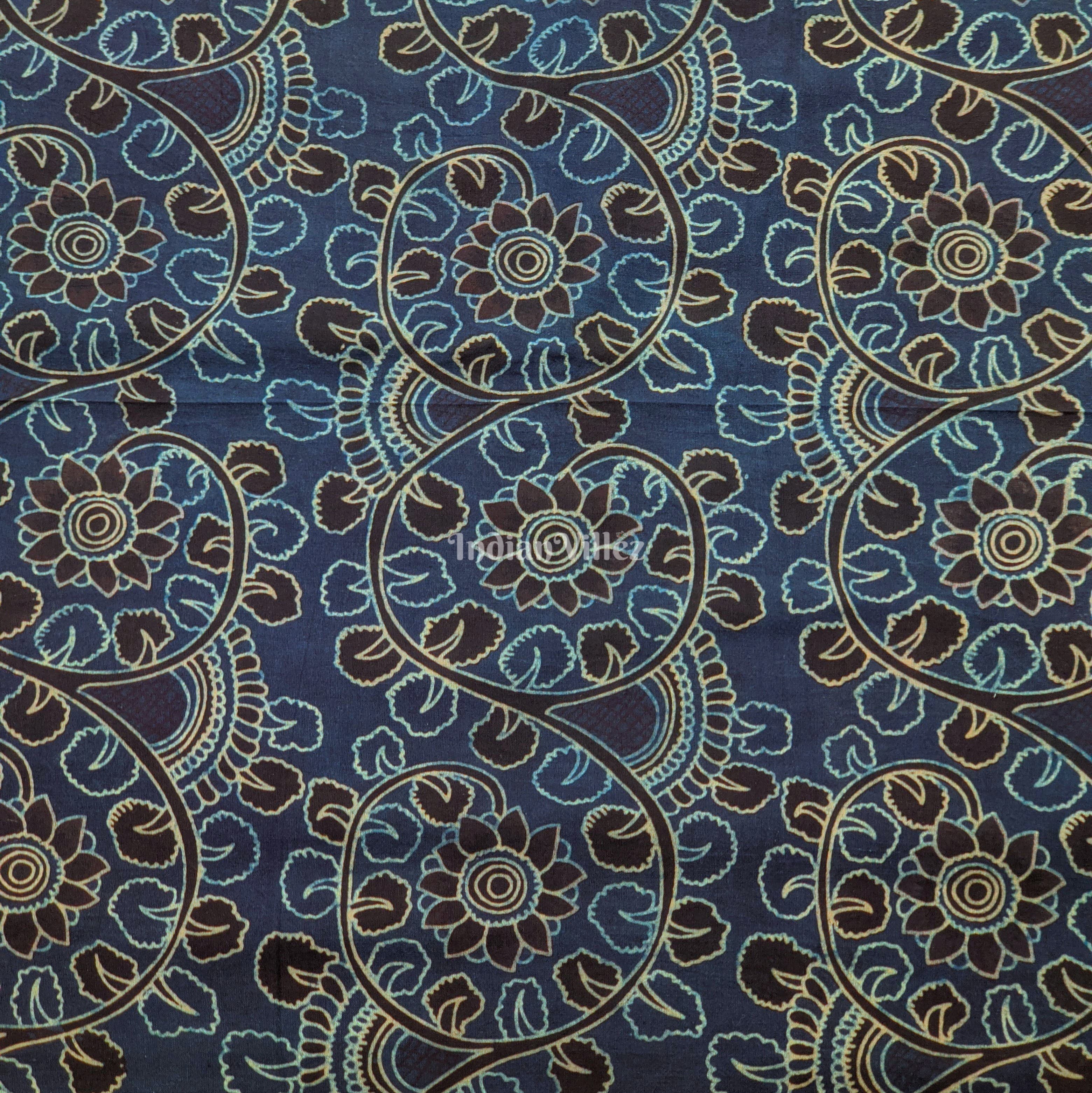 IndianVillèz Navy Blue Black Floral Hand Block Printed Cotton Fabric - view 2