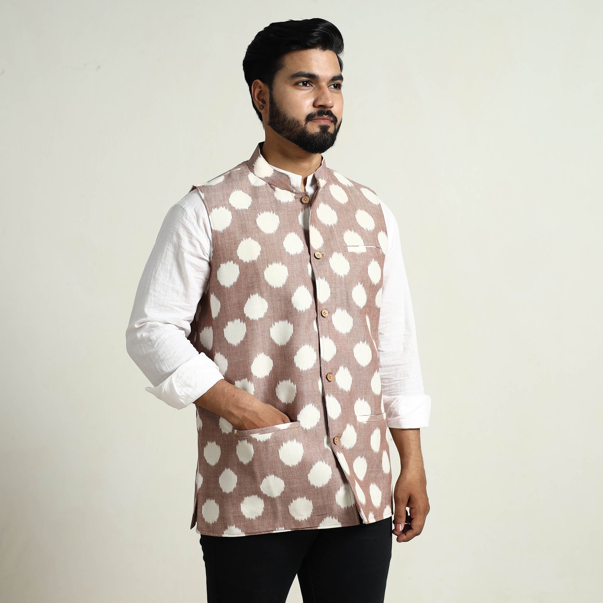ITOKRI CASUALS Brown - Pochampally Double Ikat Handloom Cotton Men Nehru Jacket 05 - view 2