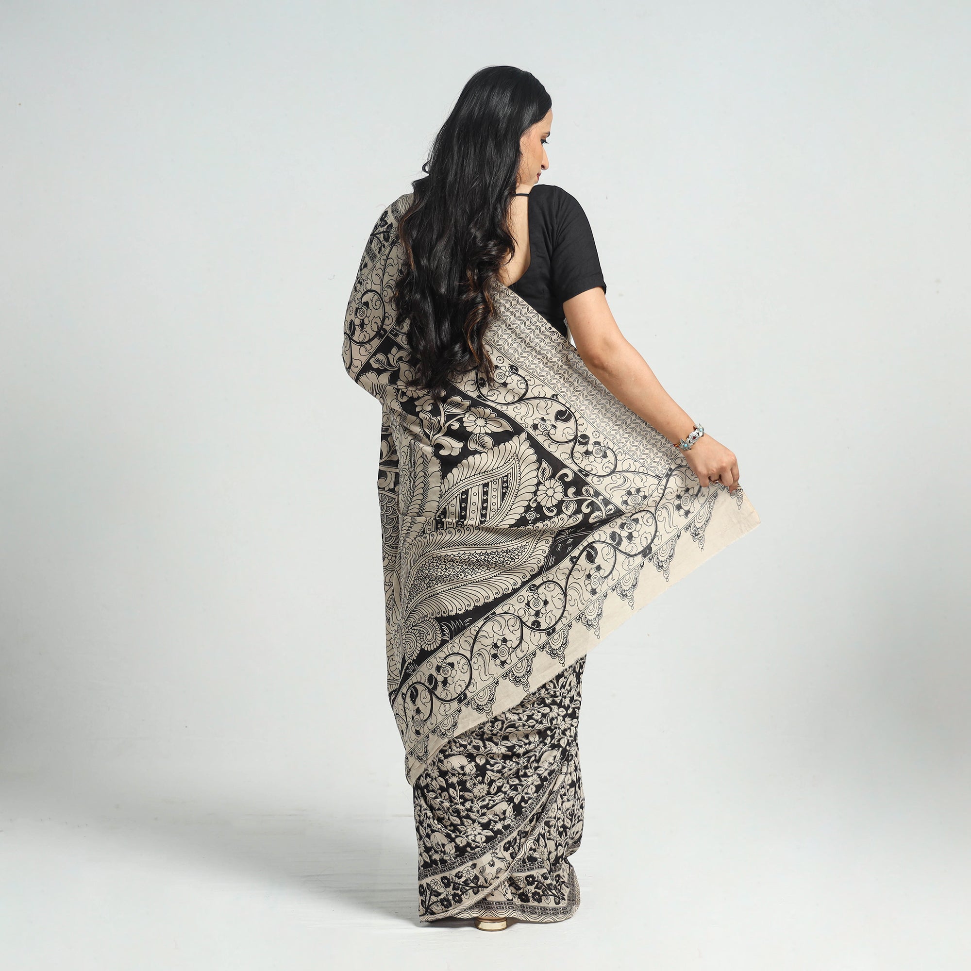 SOUTH KARGHA Black - Printed Cotton Kalamkari Saree with Blouse Piece 02 - view 6