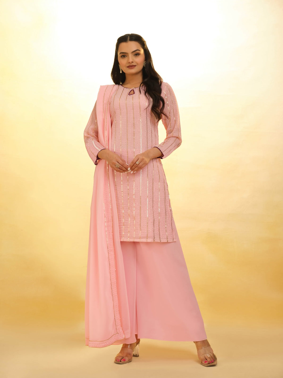 ClothsVilla Peach Georgette Suit with Embroidery and Shantoon Bottom - view 4