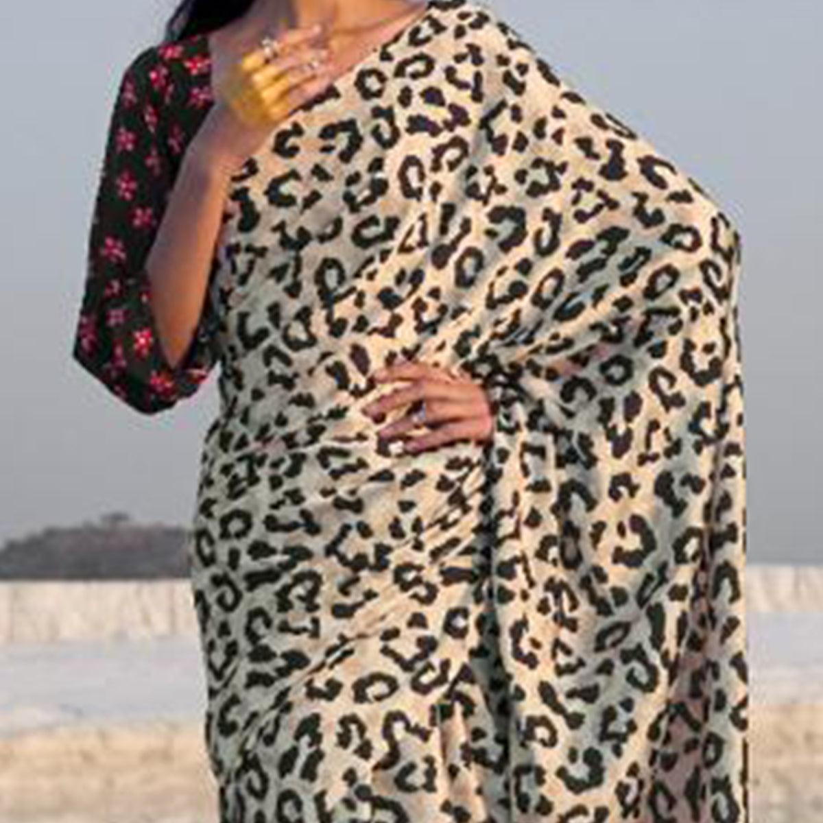 Peachmode Flamboyant Beige -Black Colored Partywear Digital Printed Japan Satin Crepe Saree - view 2