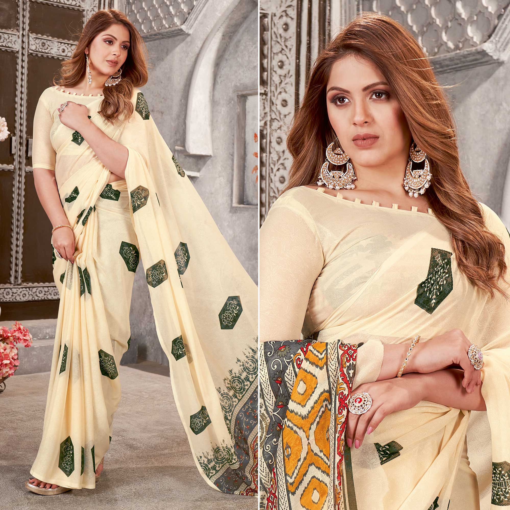 Peachmode Cream Floral Printed Chiffon Saree – Women's