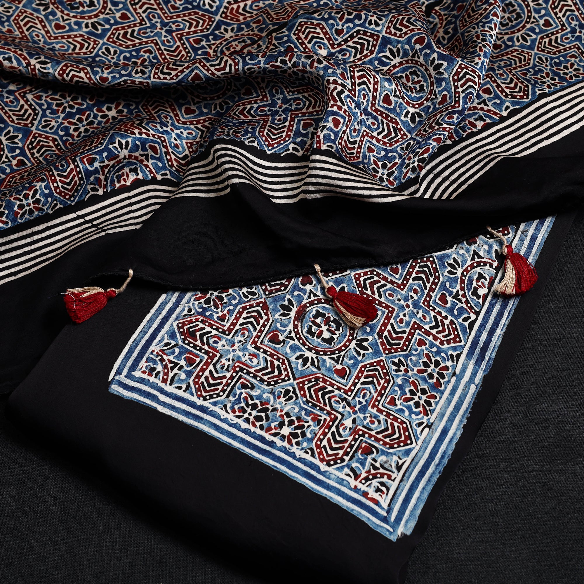 RIYAZ ABDULMAJID KHATRI - AJRAKH Black - 2pc Modal Silk Block Print Ajrakh Dress Material 03 - view 2