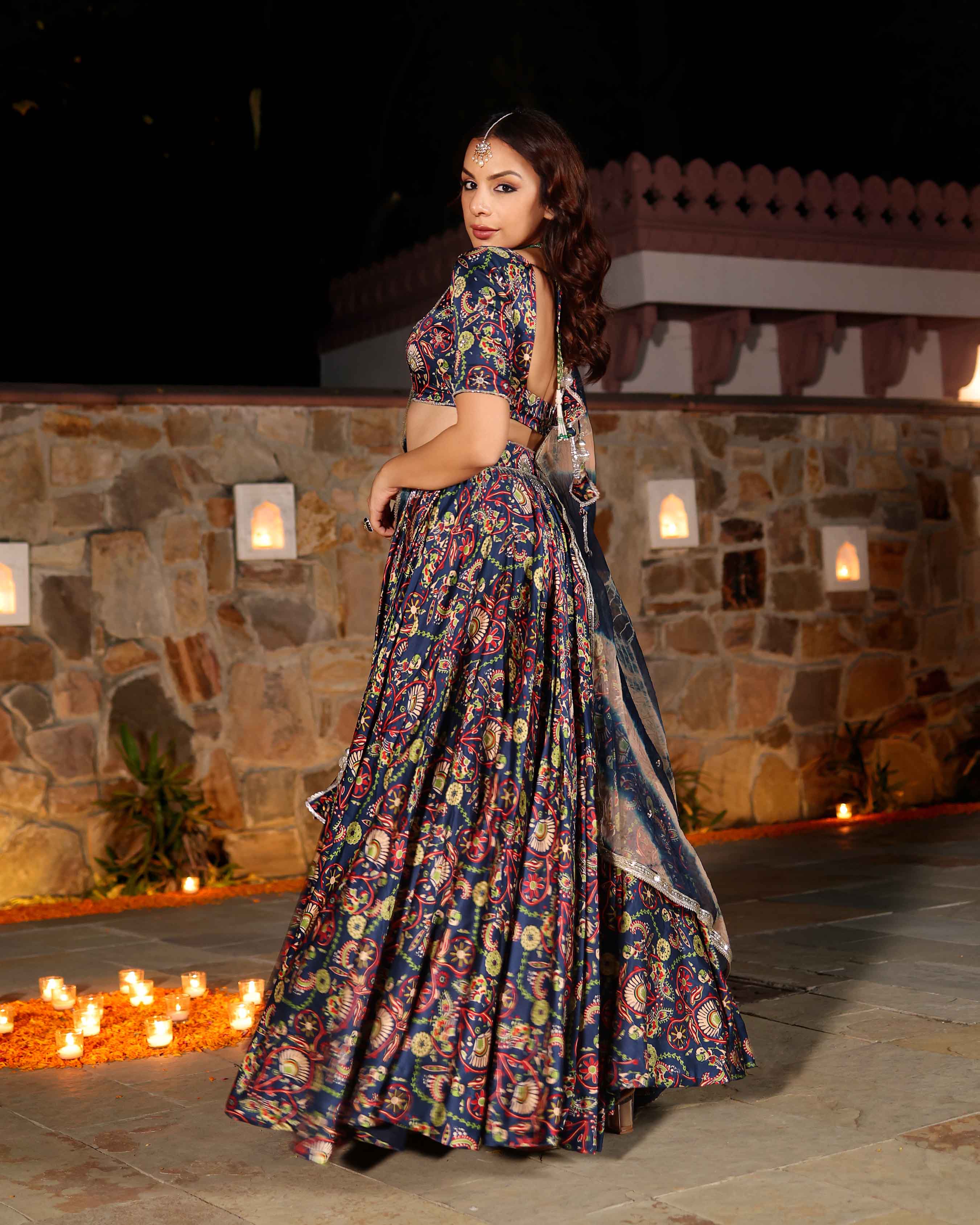 Aachho Laaya Blue Printed Hand Embroidered Satin Lehenga Set - view 10