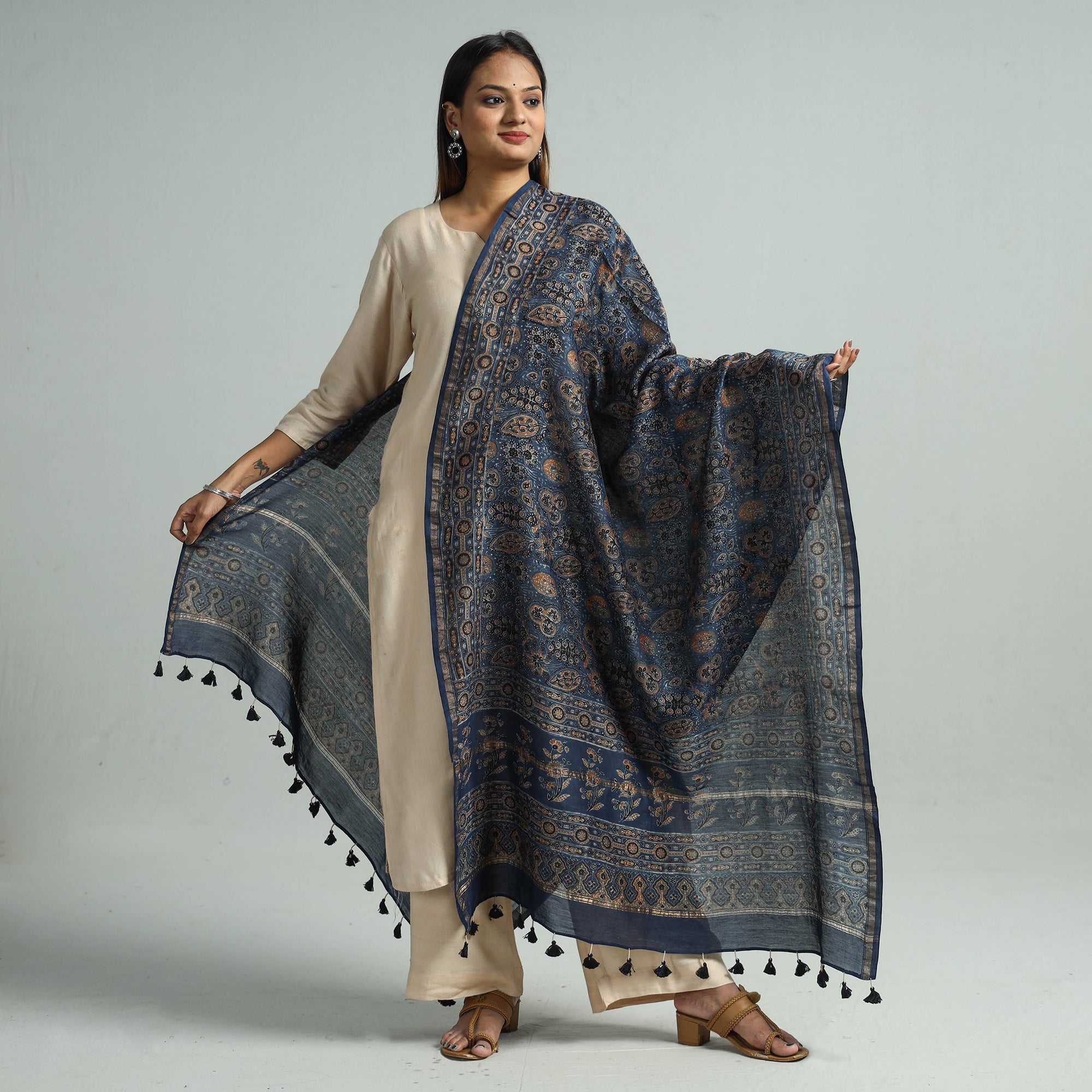 KACHCHH JI CHHAAP Blue - Hand Block Print Chanderi Silk Ajrakh Dupatta 65