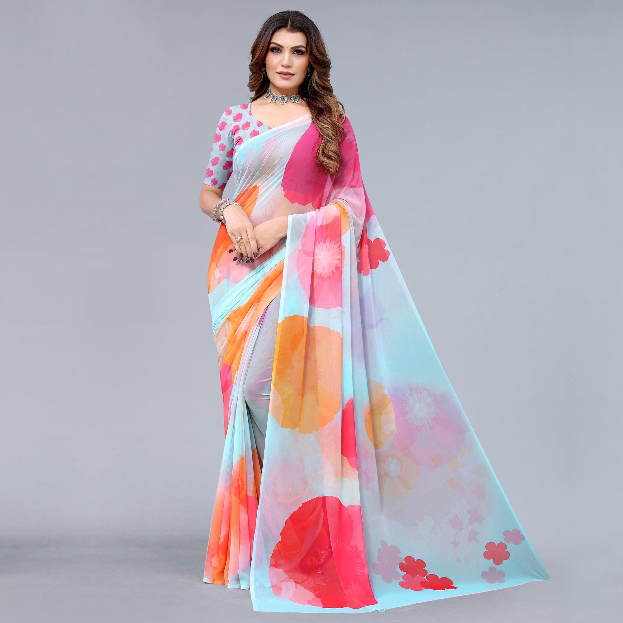 Peachmode Light Blue Printed Georgette Saree – Women's - view 2