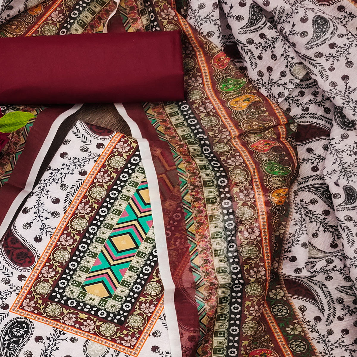 Peachmode Maroon Floral Printed Cotton Blend Dress Material - view 2