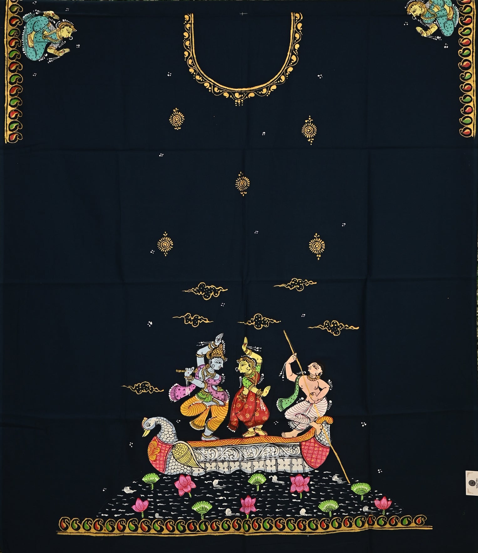 IndianVillèz Blue with Raas Leela Art Kurti Cotton Hand-Painted Pattachitra Dress Material