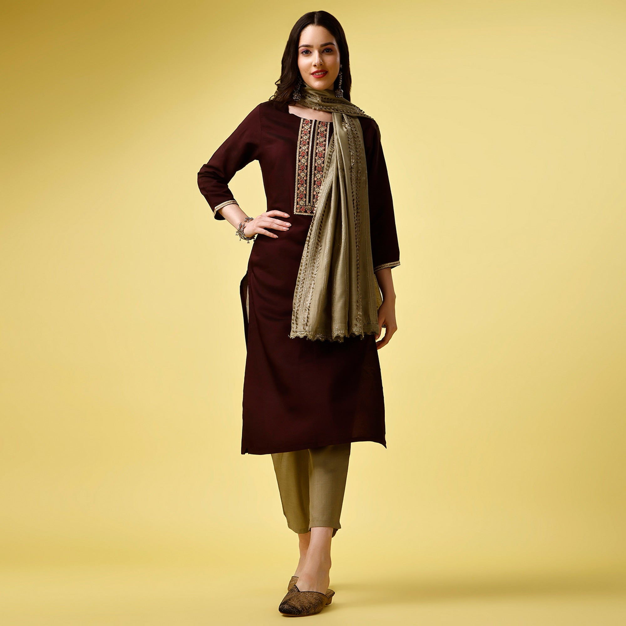 Peachmode Seller Maroon Embroidered Art Silk Kurti Sets - view 2