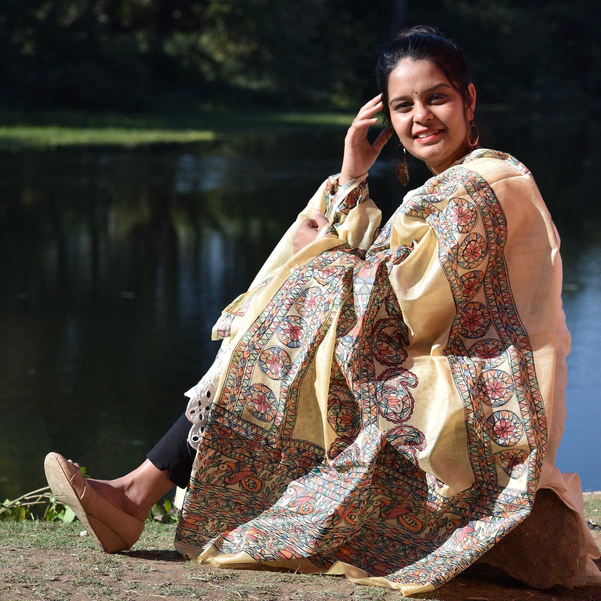 DIORAMA DESIGNS Beige - Madhubani Hand-Painted Silk Dupatta - view 5