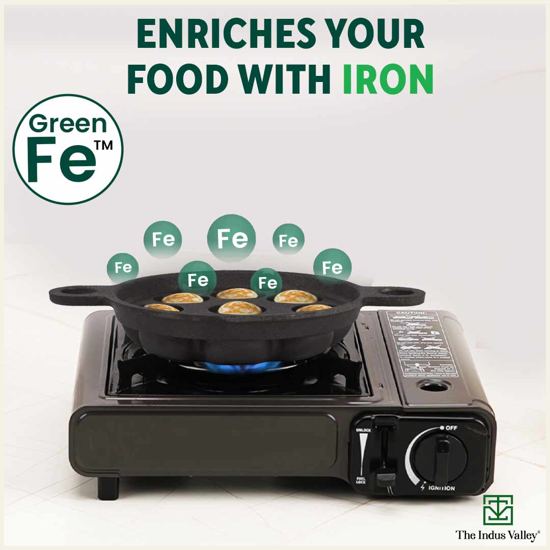 The Indus Valley Super Smooth 9 Pit/Cup Cast Iron Paniyaram/Appe Pan+ Free Spatula, Pre-seasoned, Natural Nonstick, 100% Pure, Toxin-free, 21 cm, 2.8k - view 6