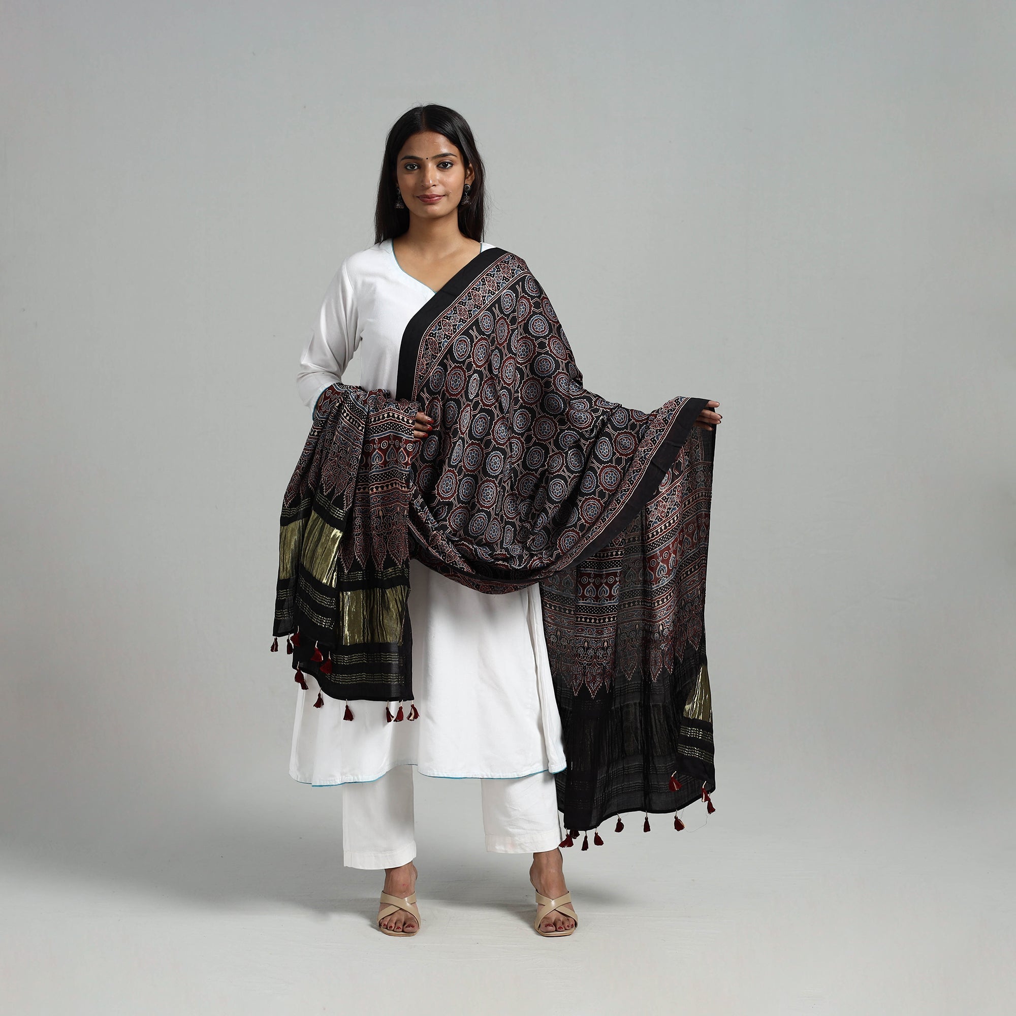 RIYAZ ABDULMAJID KHATRI - AJRAKH Black - Modal Silk Block Print Ajrakh Dupatta 04