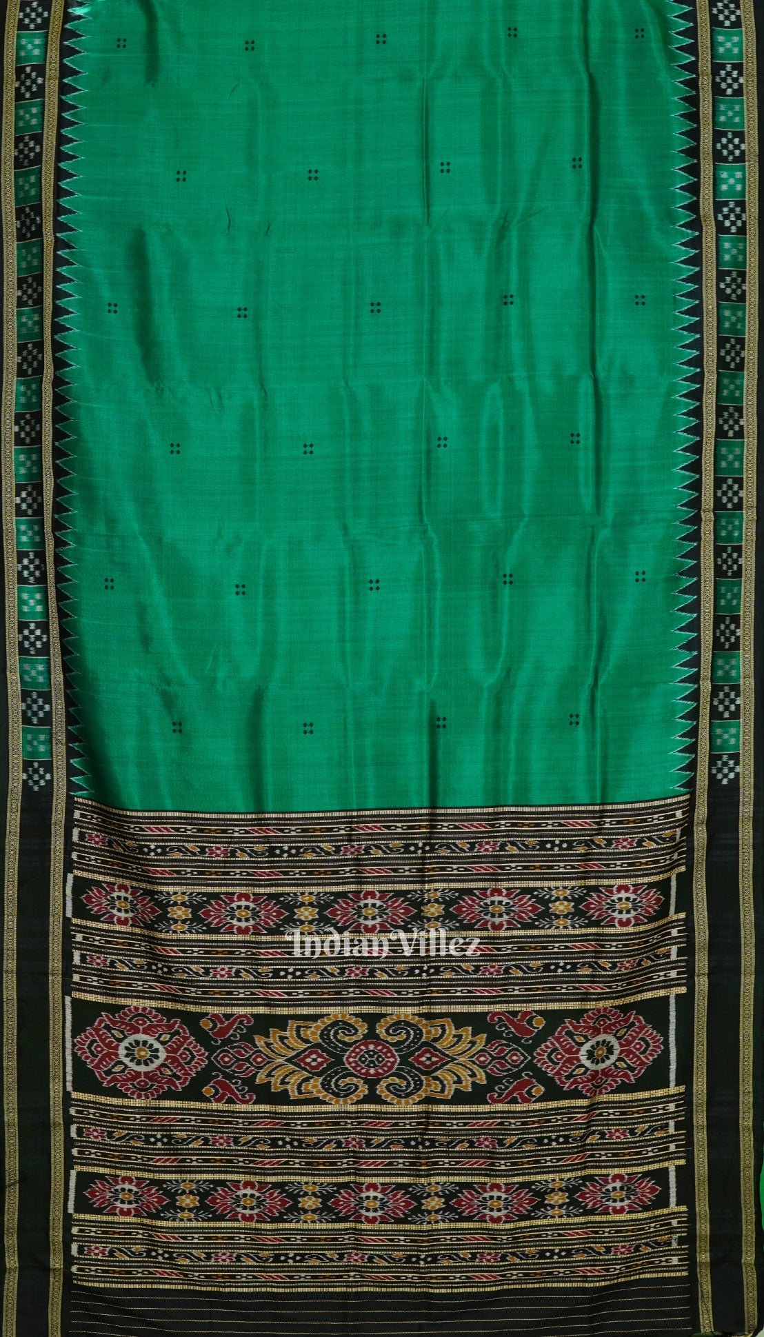 IndianVillèz Green Pasapalli Border Odisha Ikat Khandua Silk Saree
