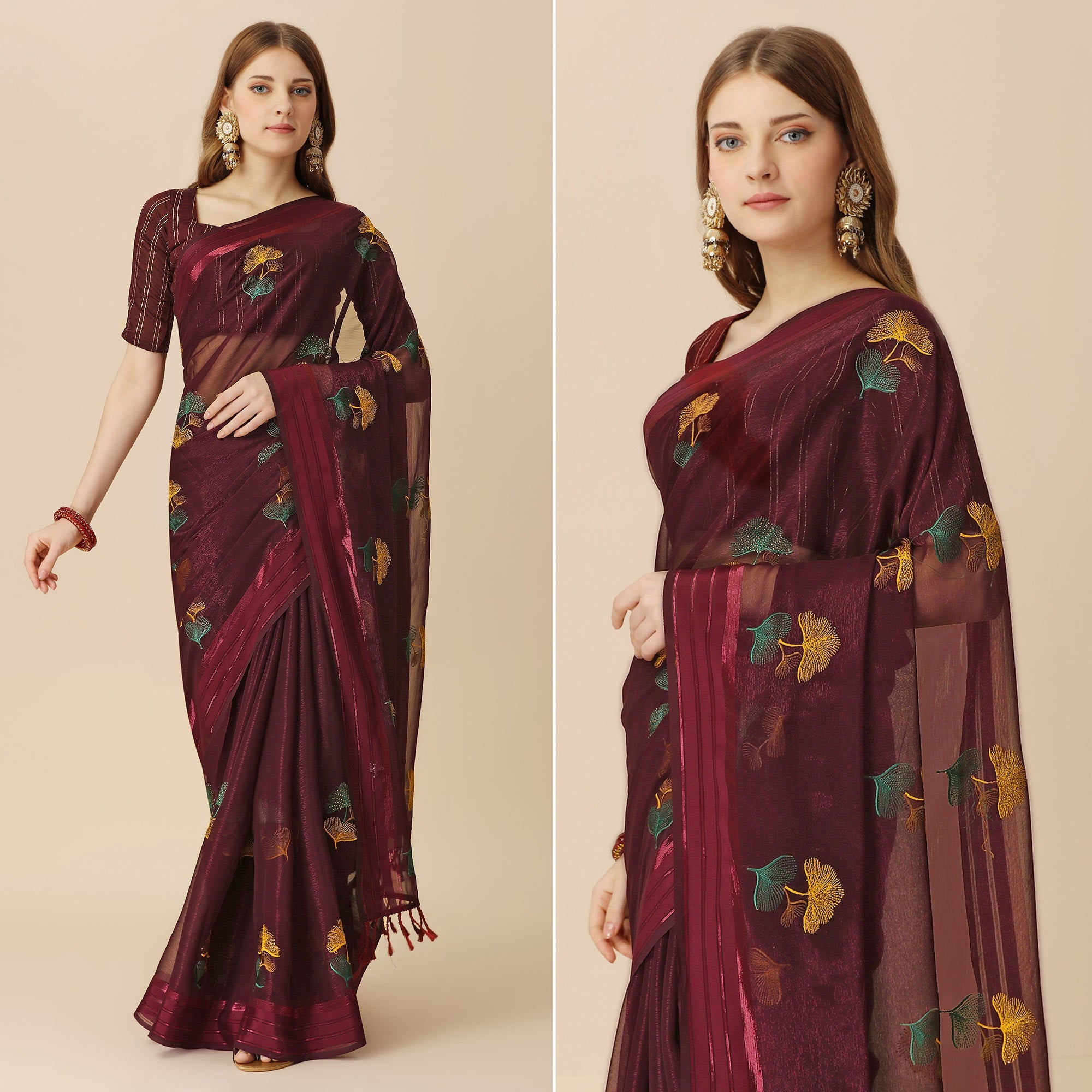 Peachmode Maroon Floral Embroidered Chiffon Saree With With Tassels