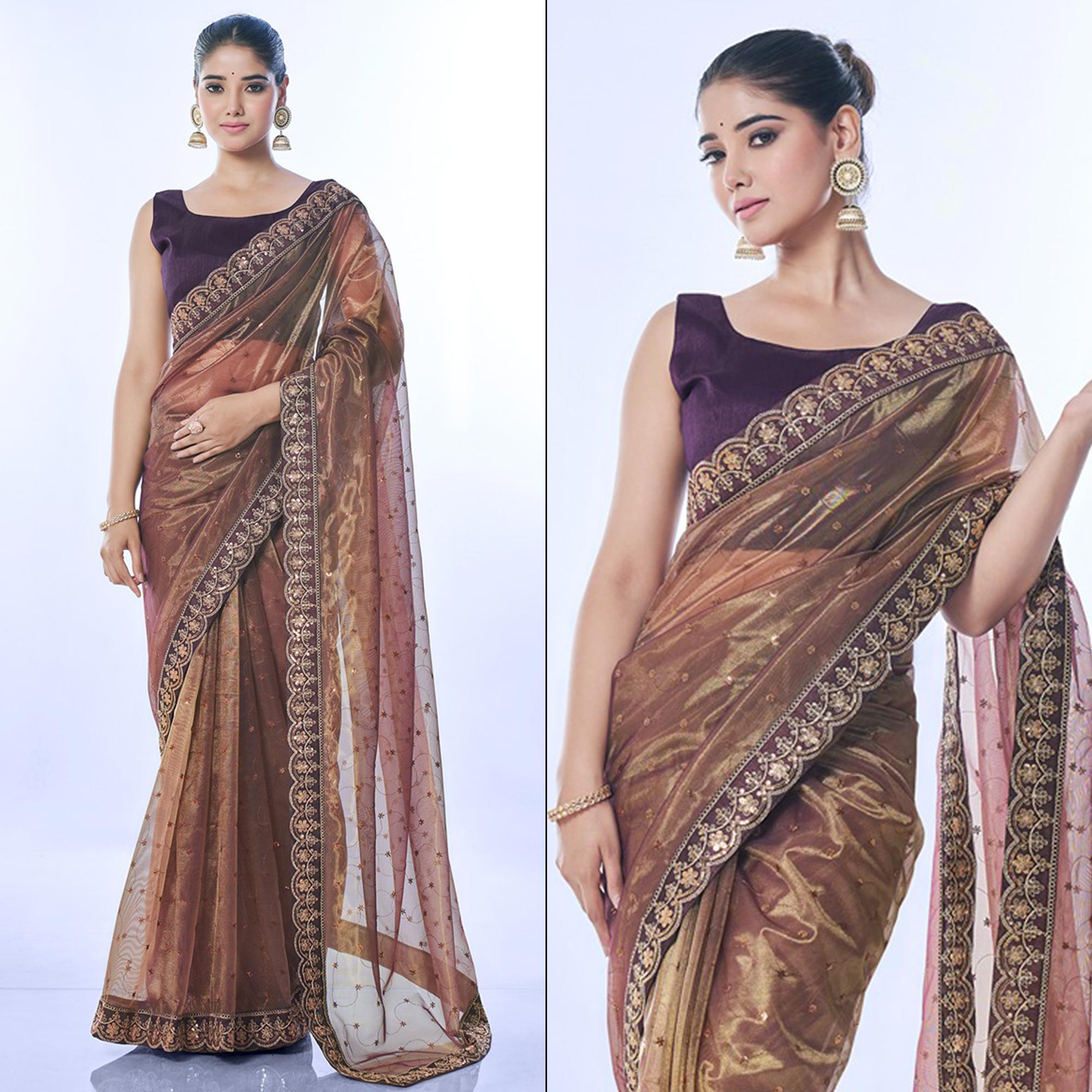 Peachmode Brown Sequins Embroidered Net Saree
