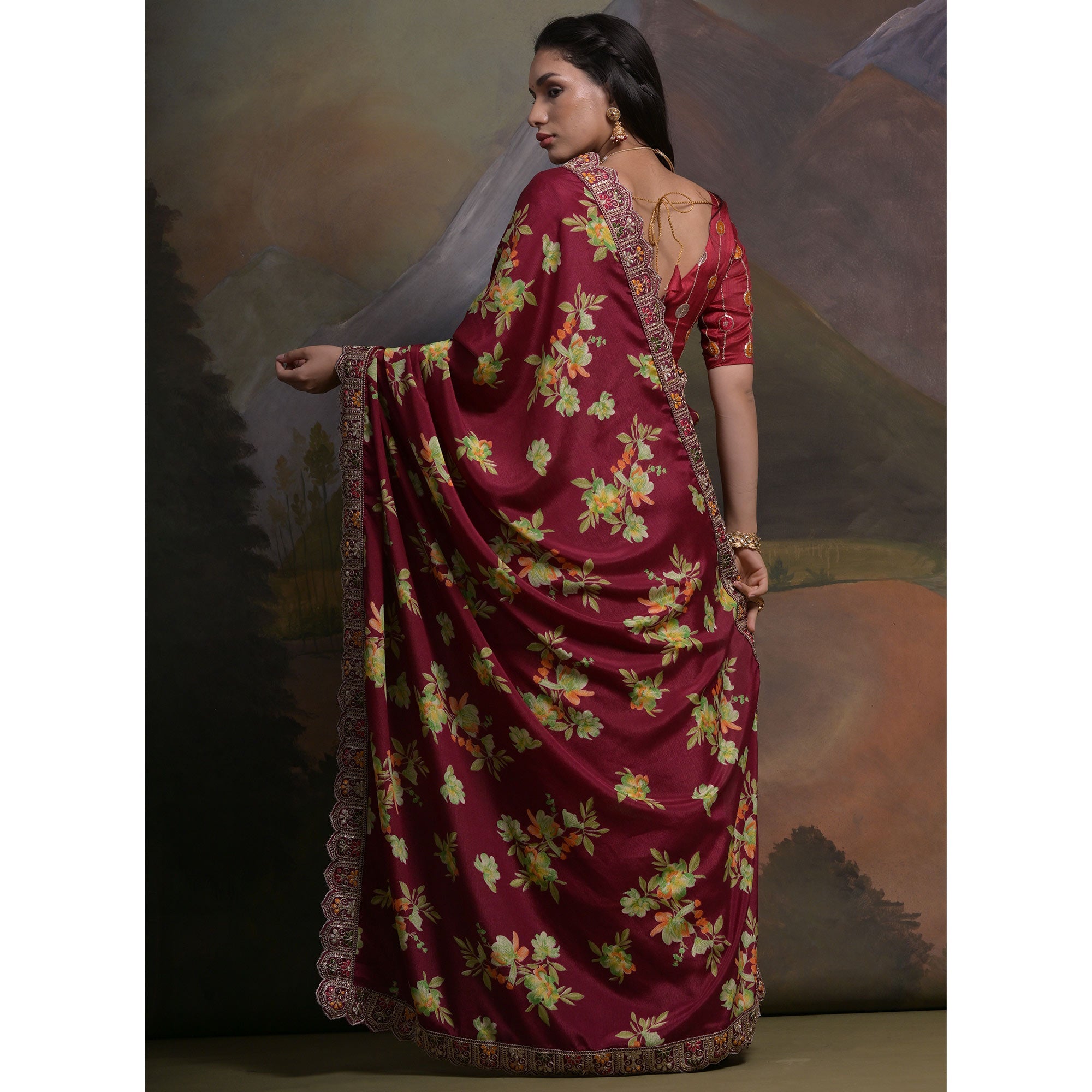 Peachmode Maroon Floral Printed Chinon Saree With Embroidered Border - view 6