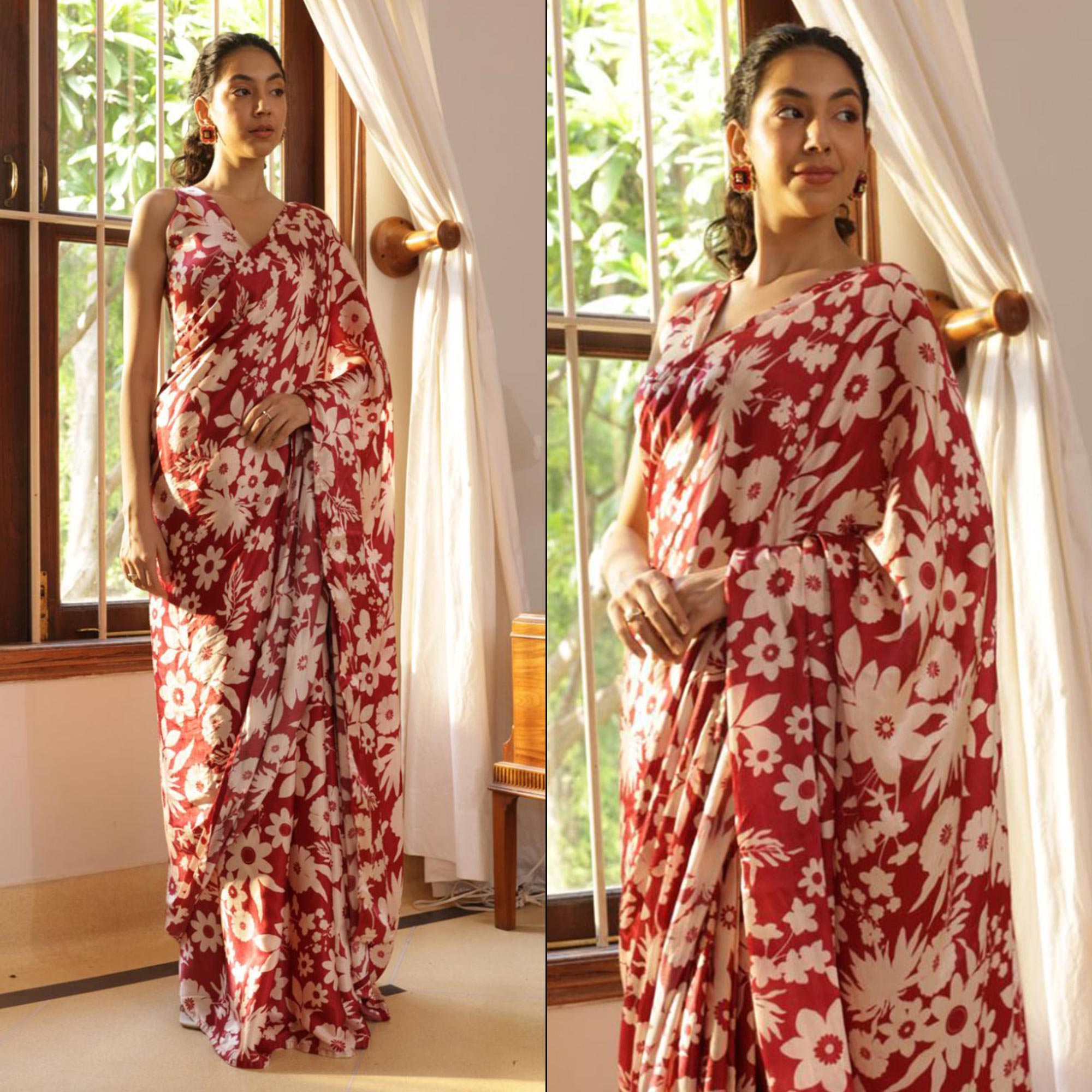 Peachmode Maroon Digital Printed Satin Saree – Women's