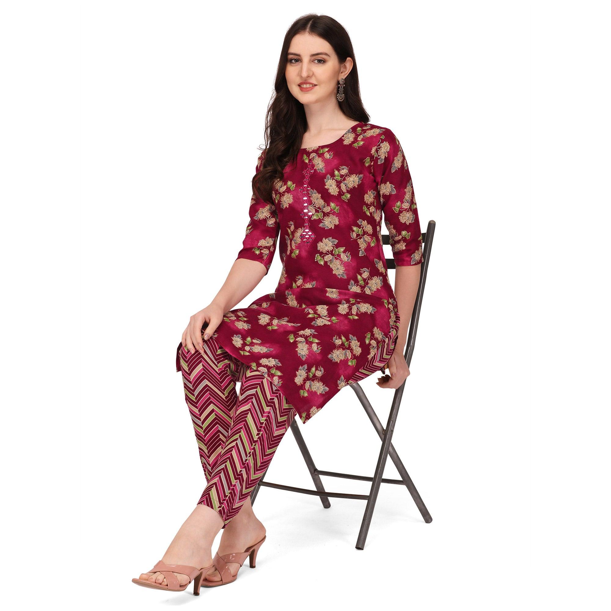 Peachmode Seller Maroon Floral Printed With Embroidered Cotton Blend Kurti Pant Set - view 6