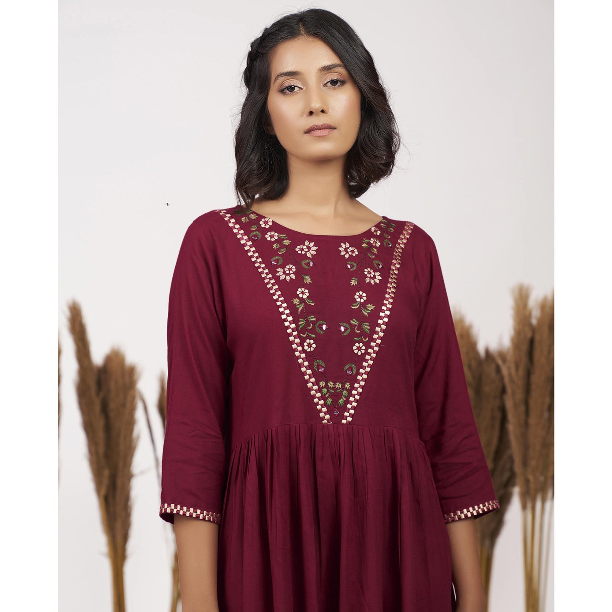 Peachmode Maroon Floral Embroidered Rayon Short Dress - view 4
