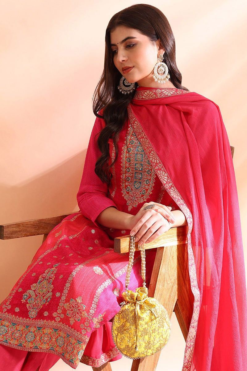 Ahika Pink Organza Ethnic Motifs Hand Work Woven Design Straight Trouser Bottom Suit Set PKSKD2587 - view 2