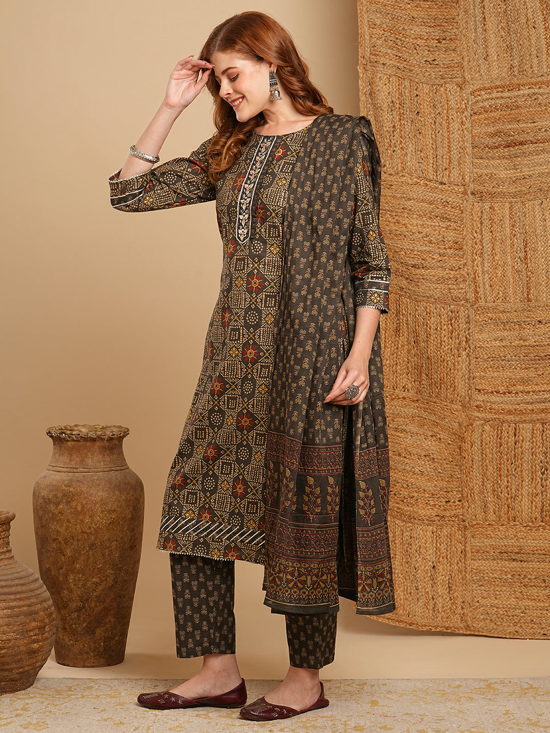 Fashor Ethnic Printed & Embroidered Kurta with Pant & Pure Cotton Dupatta - Grey - view 4