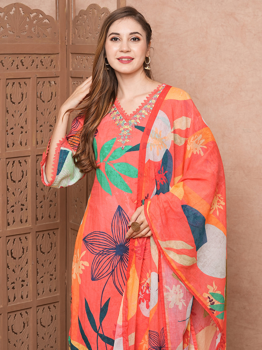 Fashor Abstract Floral Printed & Embroidered Kurta with Pant & Dupatta - Pink - view 2