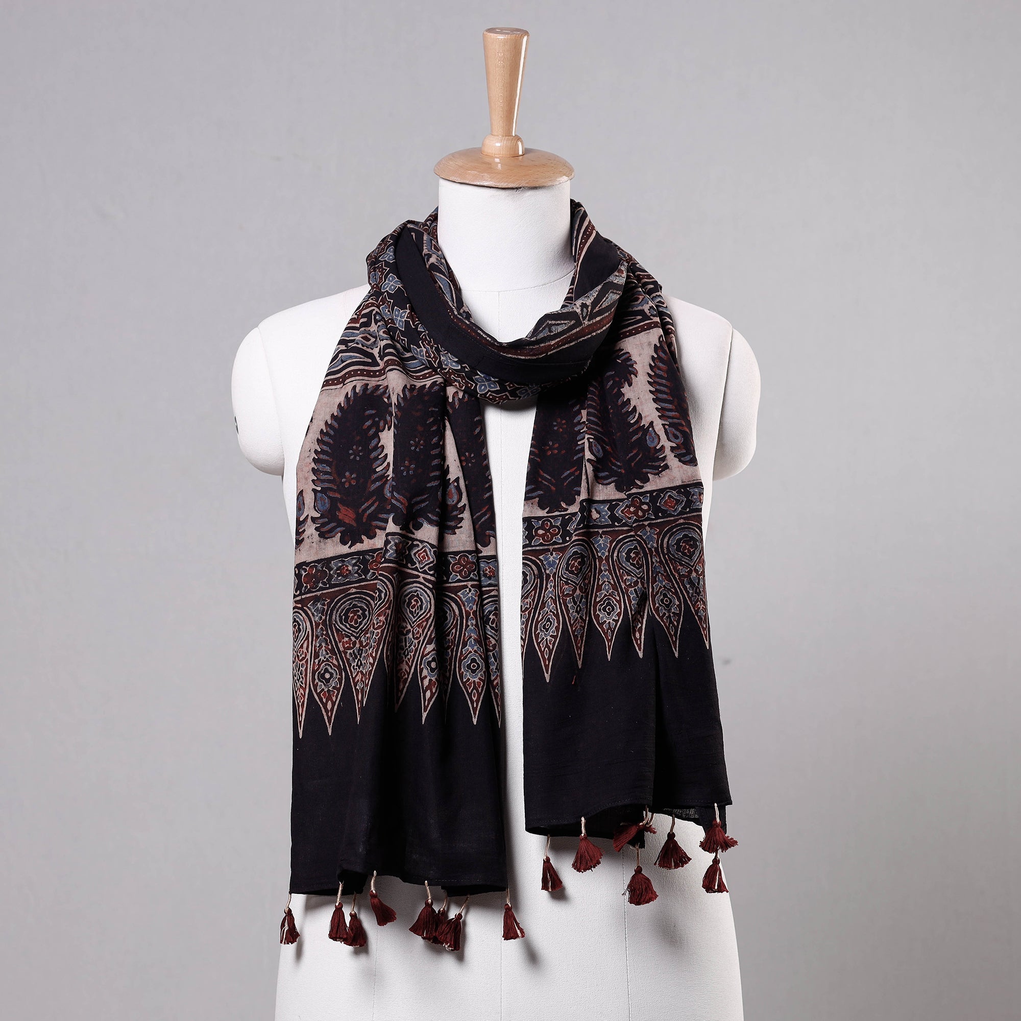 RIYAZ ABDULMAJID KHATRI - AJRAKH Black - Ajrakh Block Printed Mul Cotton Stole with Tassels