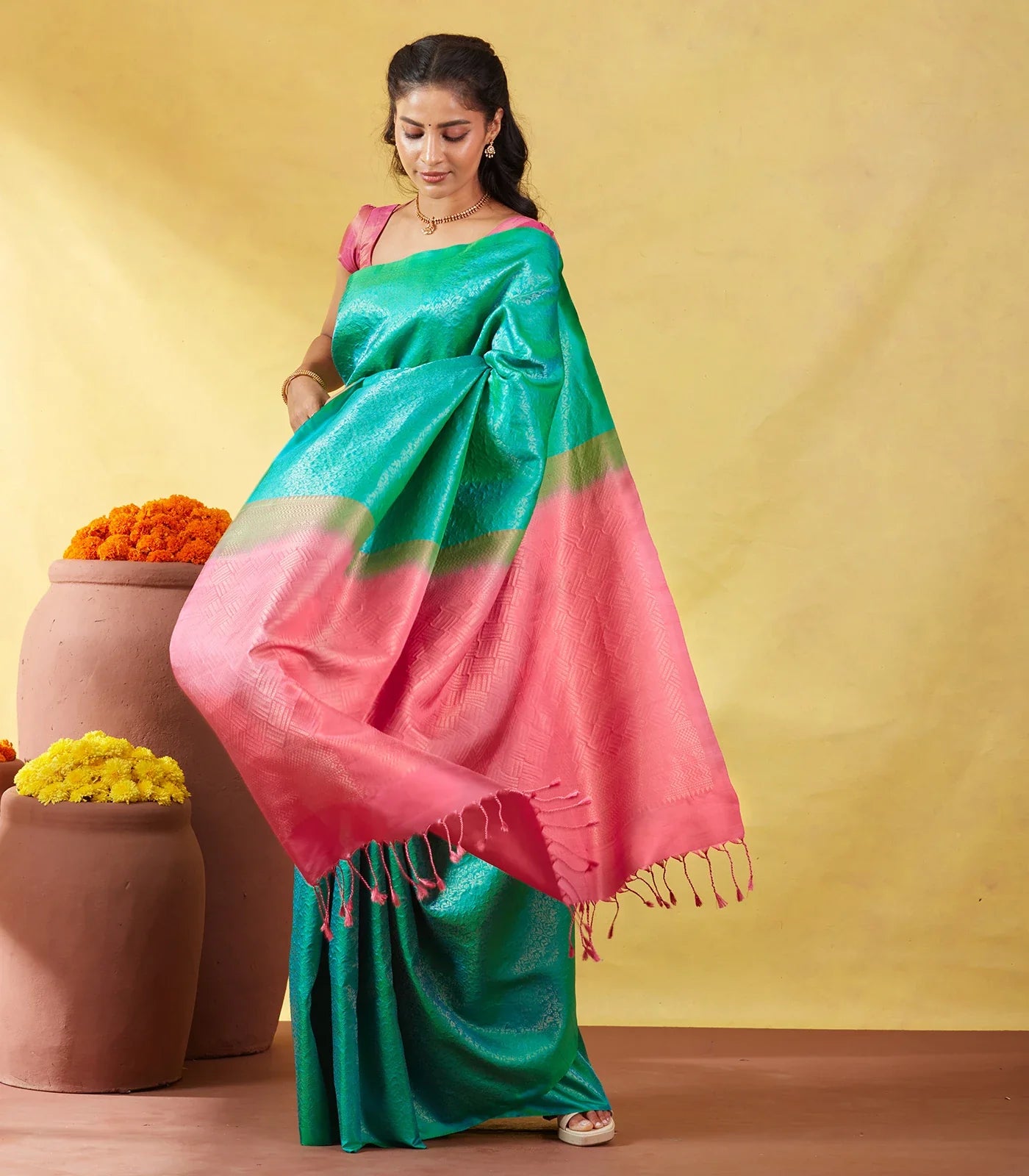RmKV Aquamarine Soft Silk Saree With Floral Zari Motifs & Contrast Pallu - view 2