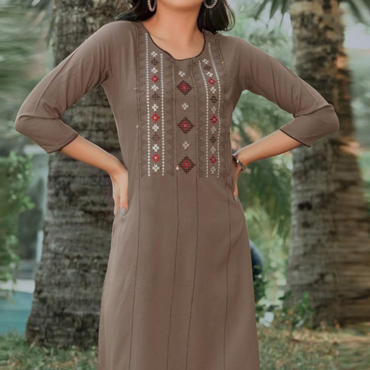 Peachmode Seller Brown Embroidered Pure Cotton Kurti - view 4