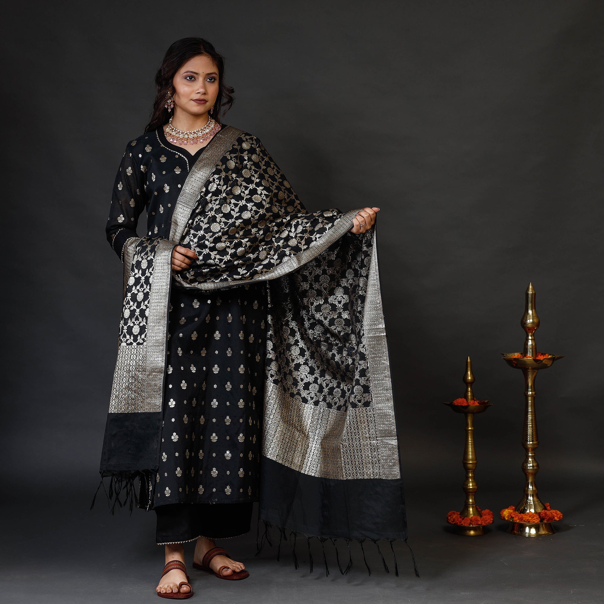 ITOKRI CASUALS Black Banarasi Silk Zari Work Kurta with Palazzo & Dupatta Set - view 2