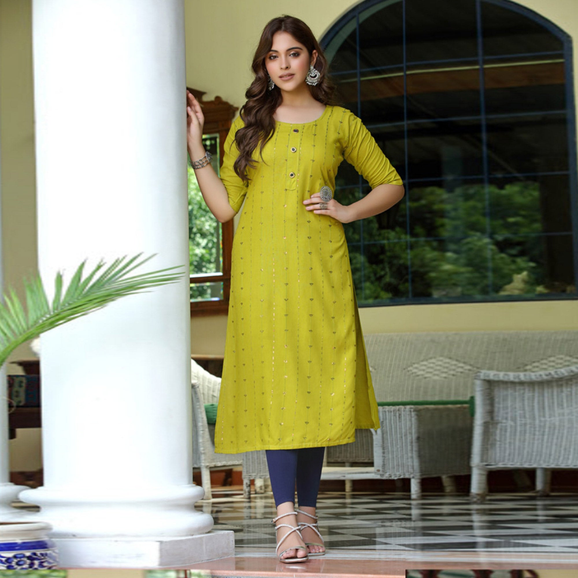 Peachmode Seller Lemon Green Embroidered Rayon Kurti - view 2
