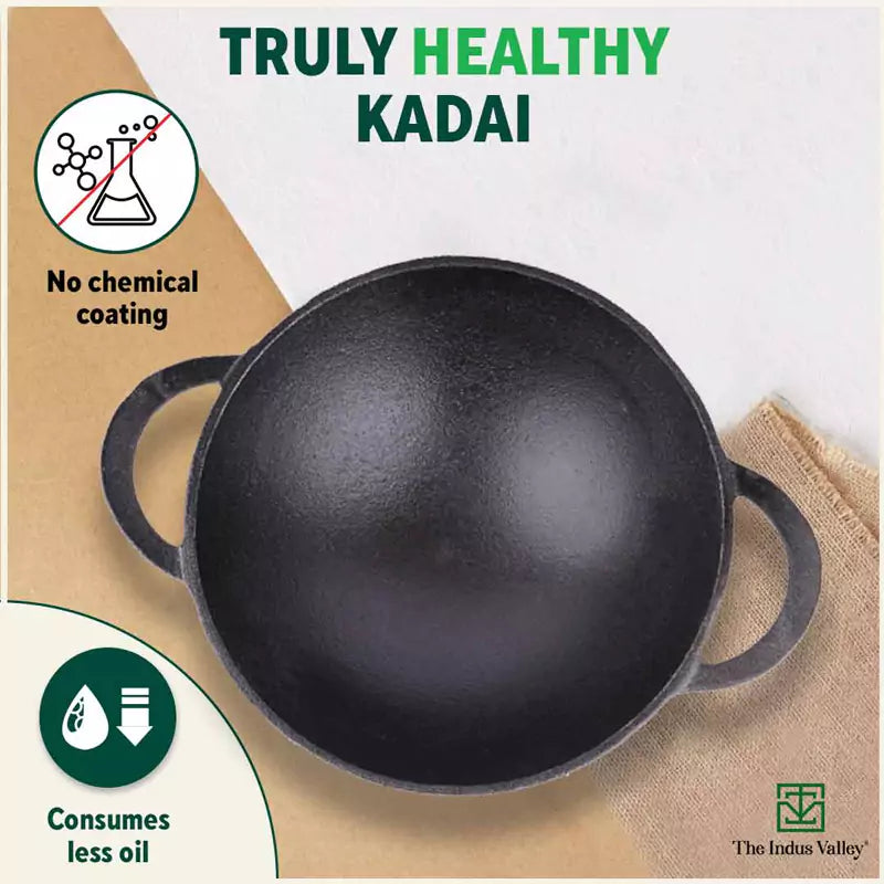 The Indus Valley CASTrong Cast Iron Kadai+ Free ₹110 Spatula, Pre-seasoned, Nonstick, 100% Pure, Toxin-free, 25.2cm, 2.2L, 2.37kg - view 4