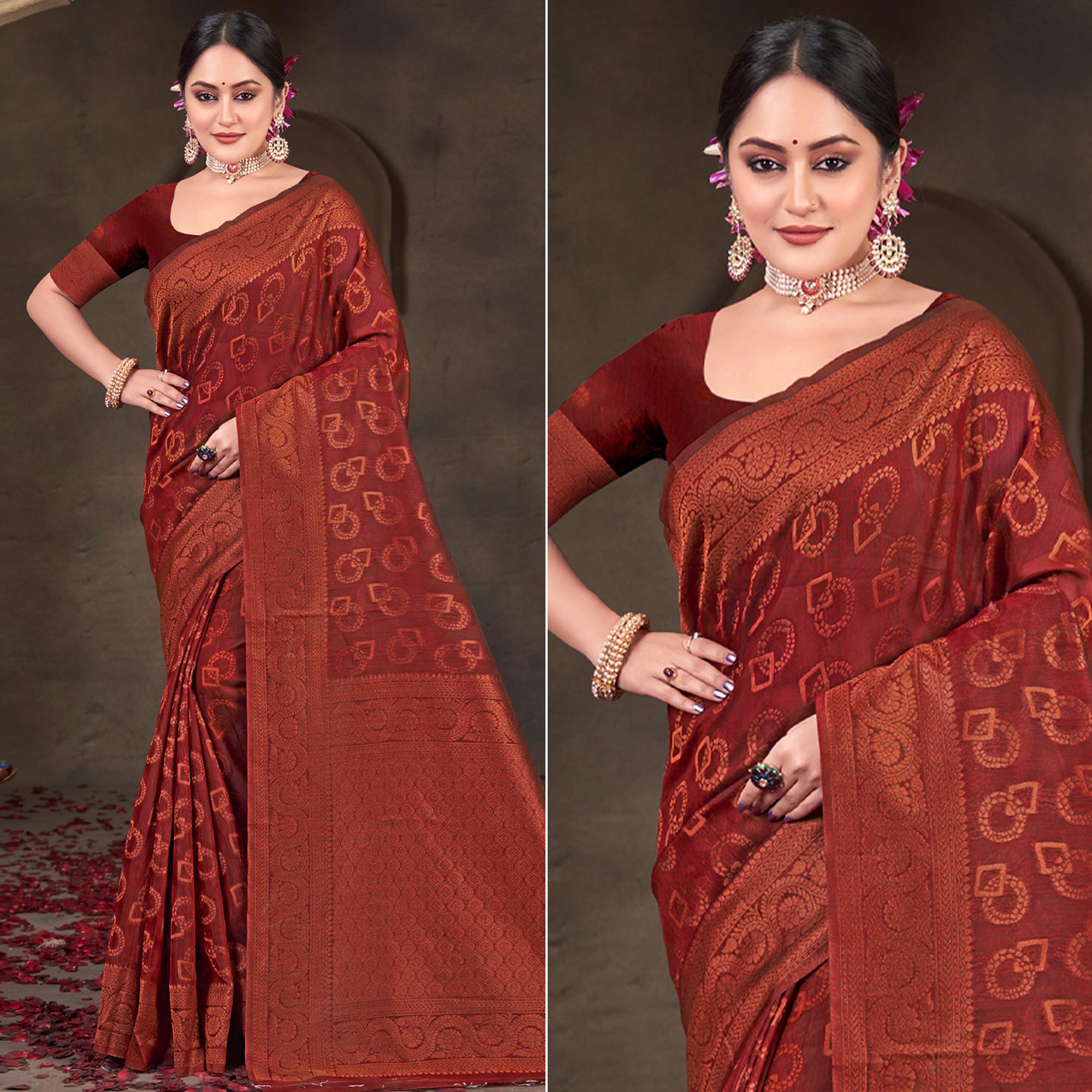 Peachmode Maroon Woven Cotton Silk Saree – Women's