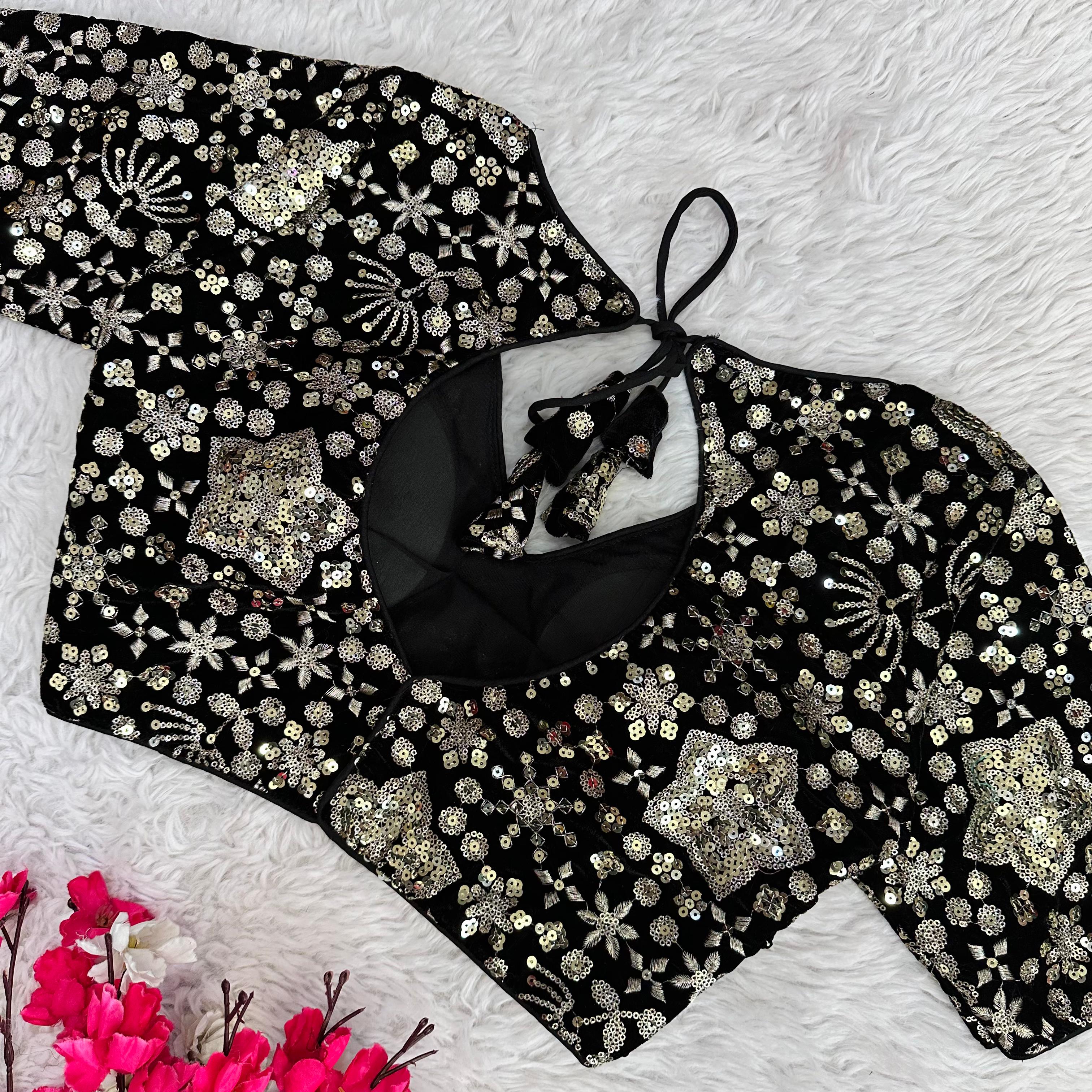 ClothsVilla Black Golden Embroidered Velvet Blouse with Sequins - view 4