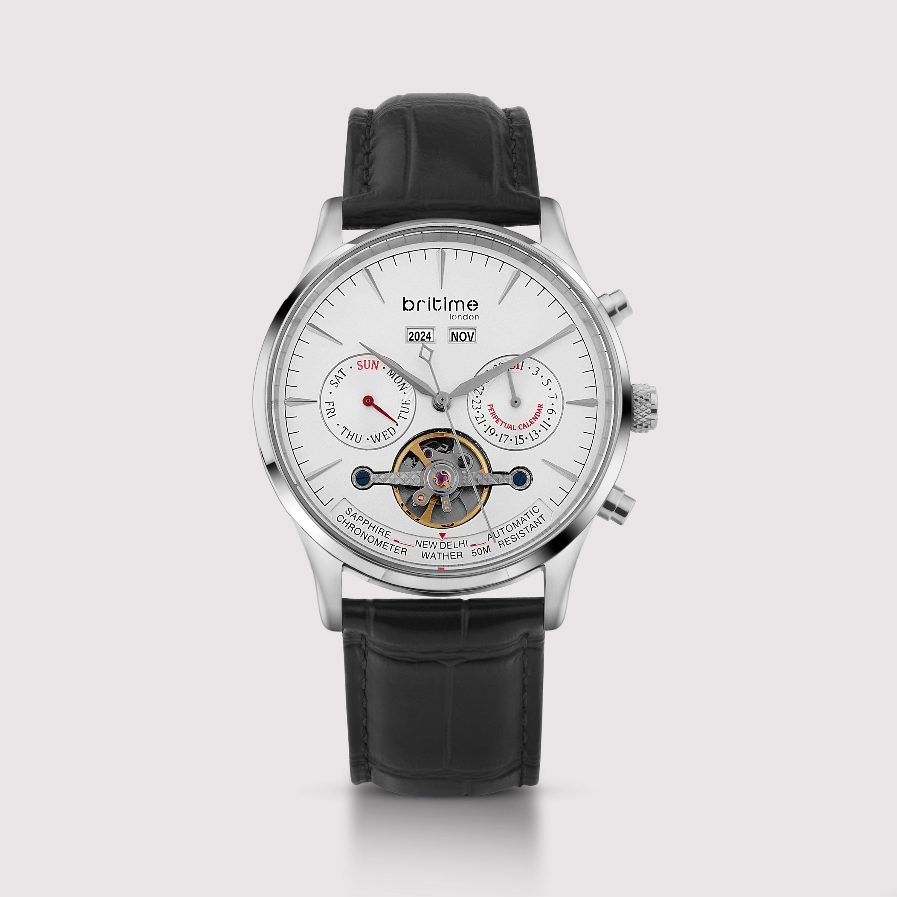 Britime Celestial Men Automatic Silver Dial Chronograph Leather Watch 867-L10306