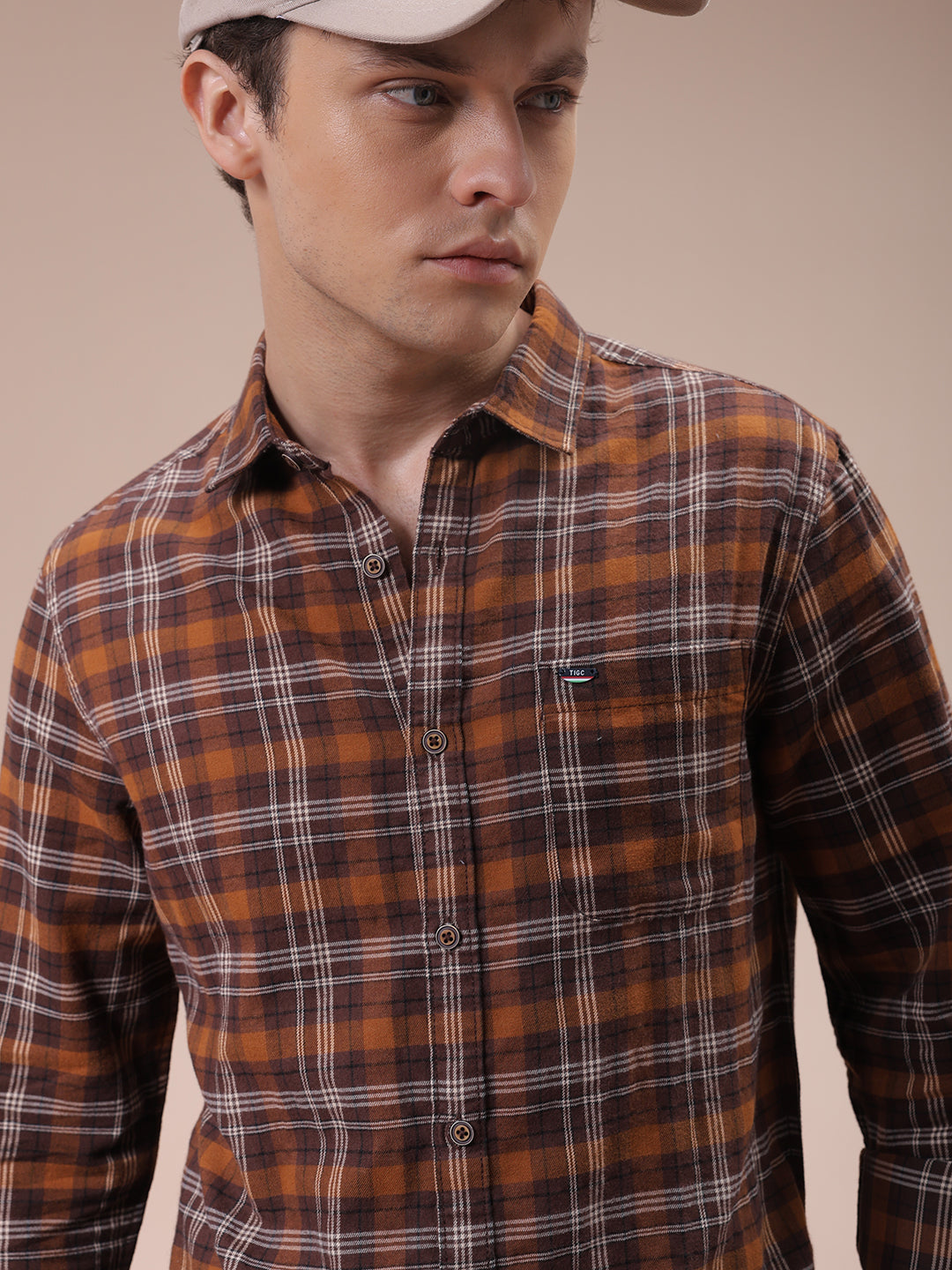 The Indian Garage Co Men's Brown Slim Fit Checked Shirt