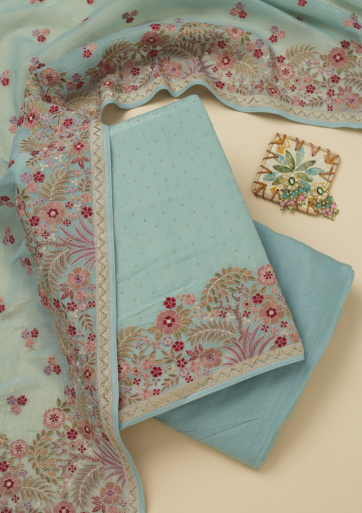 Koskii Sky Blue Threadwork Tissue Unstitched Salwar Suit