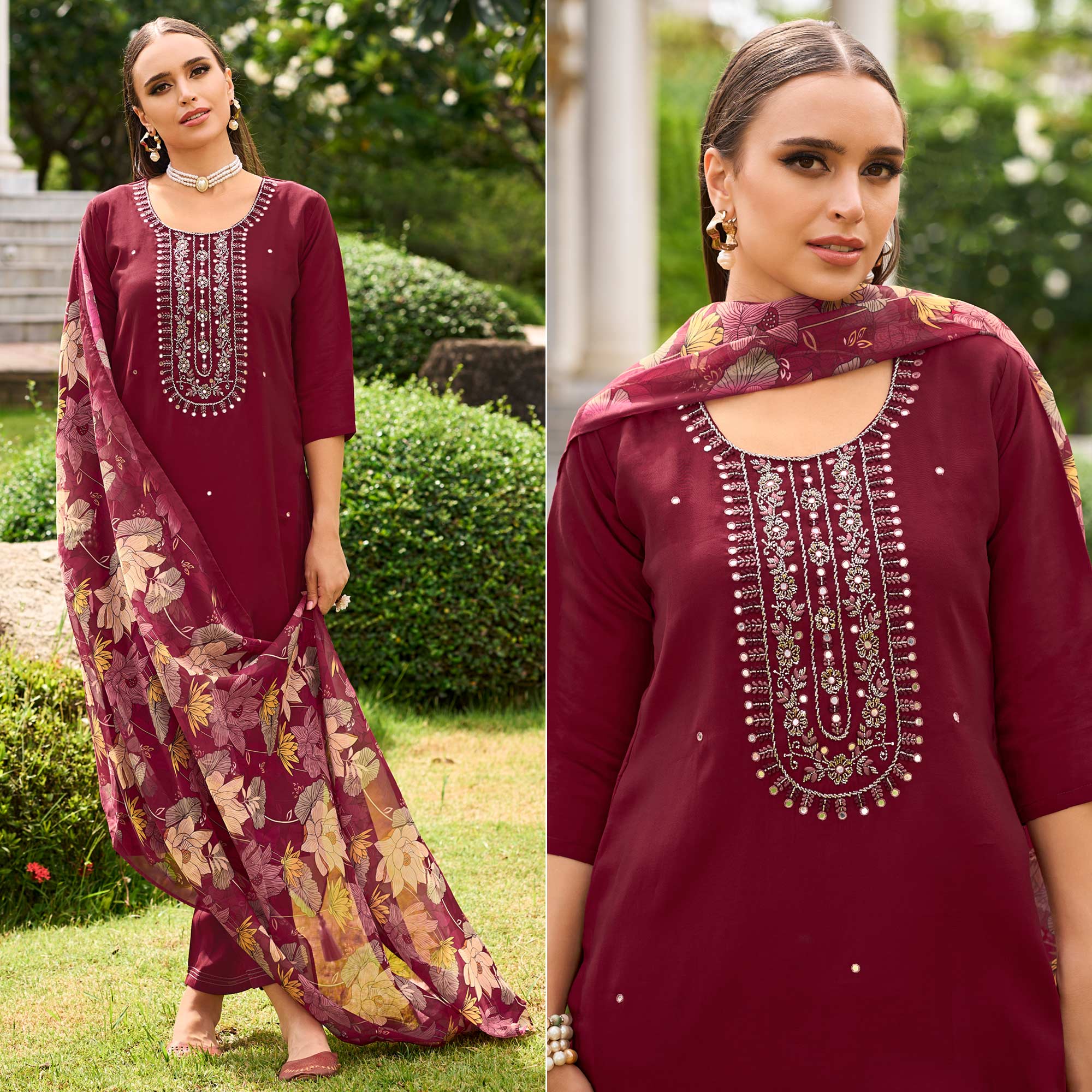 Peachmode Seller Maroon Floral Embroidered Chanderi Silk Suit