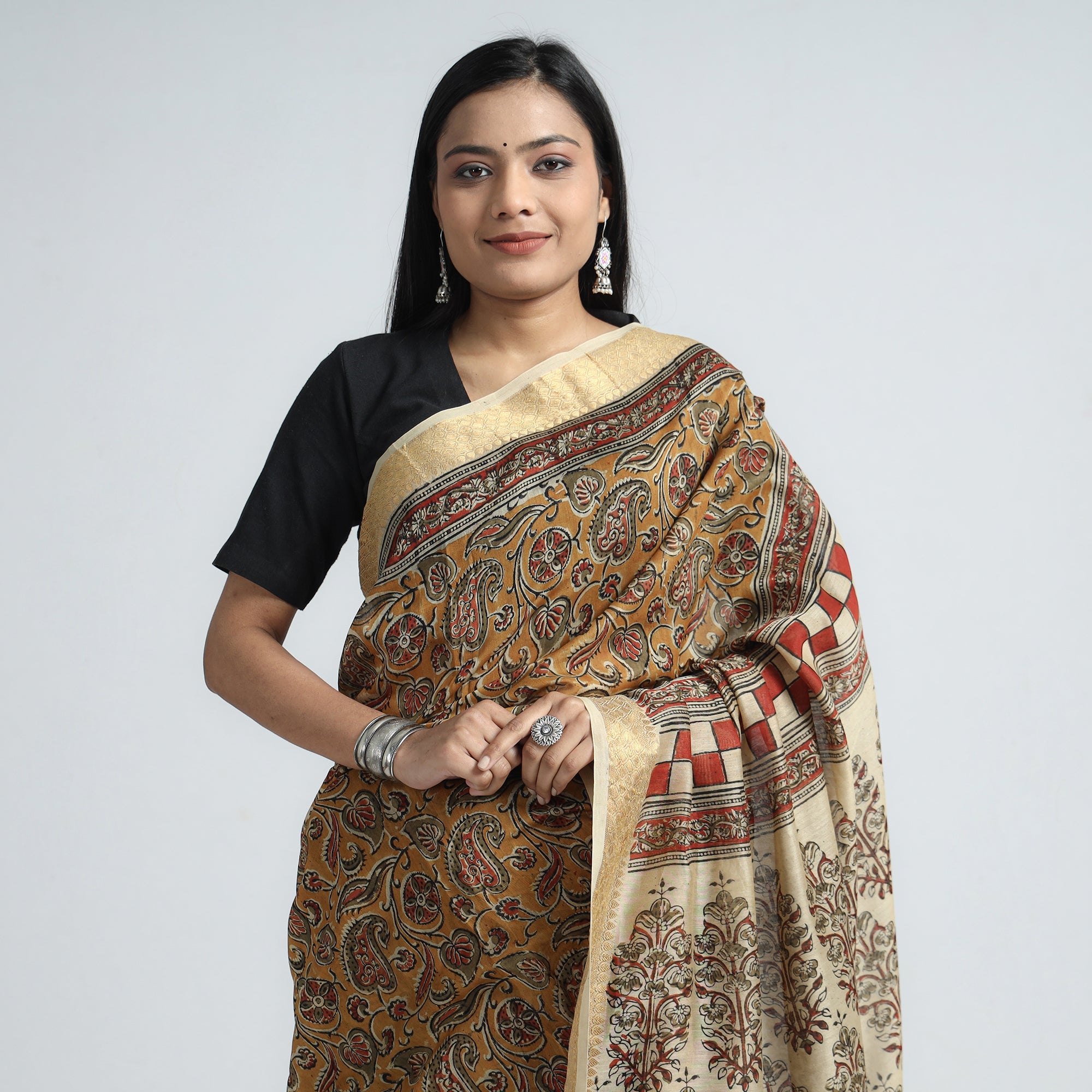 VENKATA BHANU KALAMKARI PEDANA Brown - Original Pedana Kalamkari Block Print Silk Saree - view 3